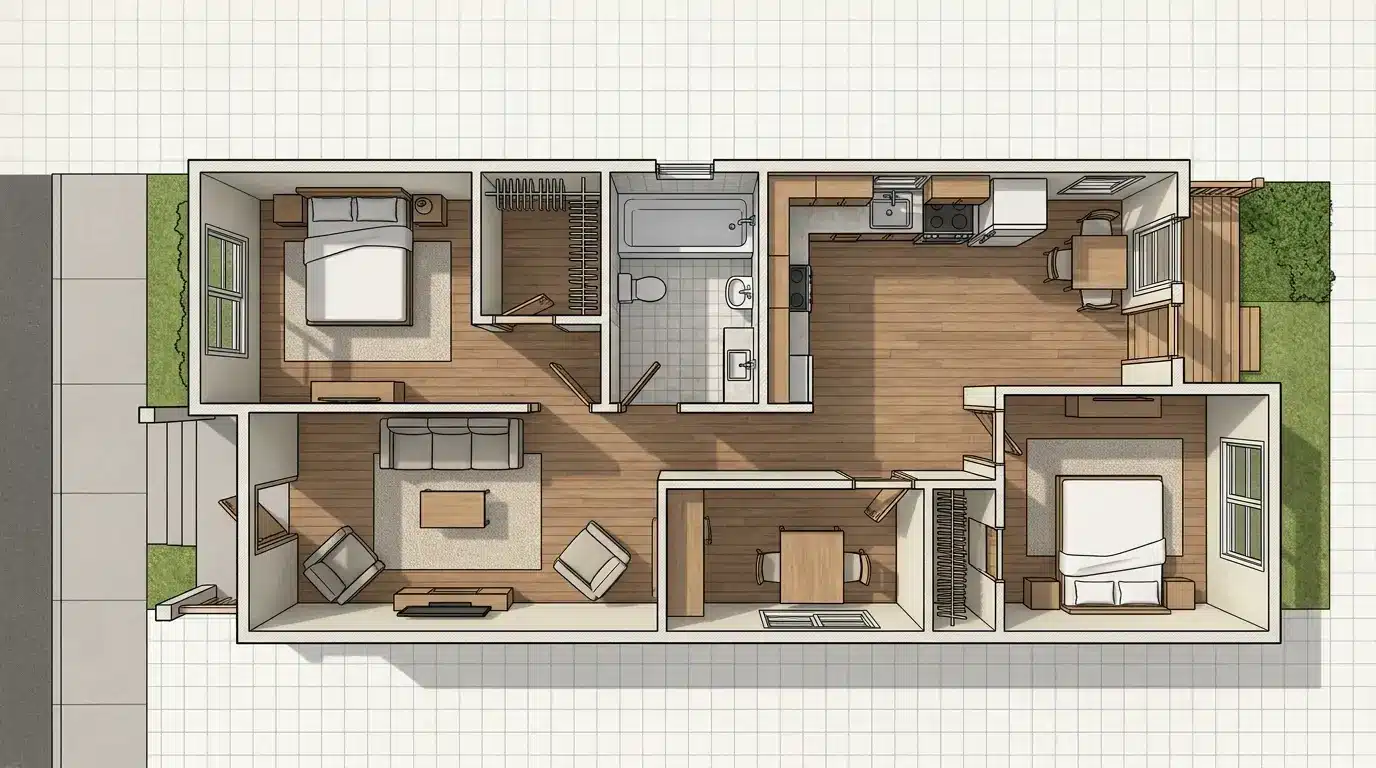 detailed floor plan illustrating a two-bedroom apartment's layout, including living areas, bedrooms, and kitche