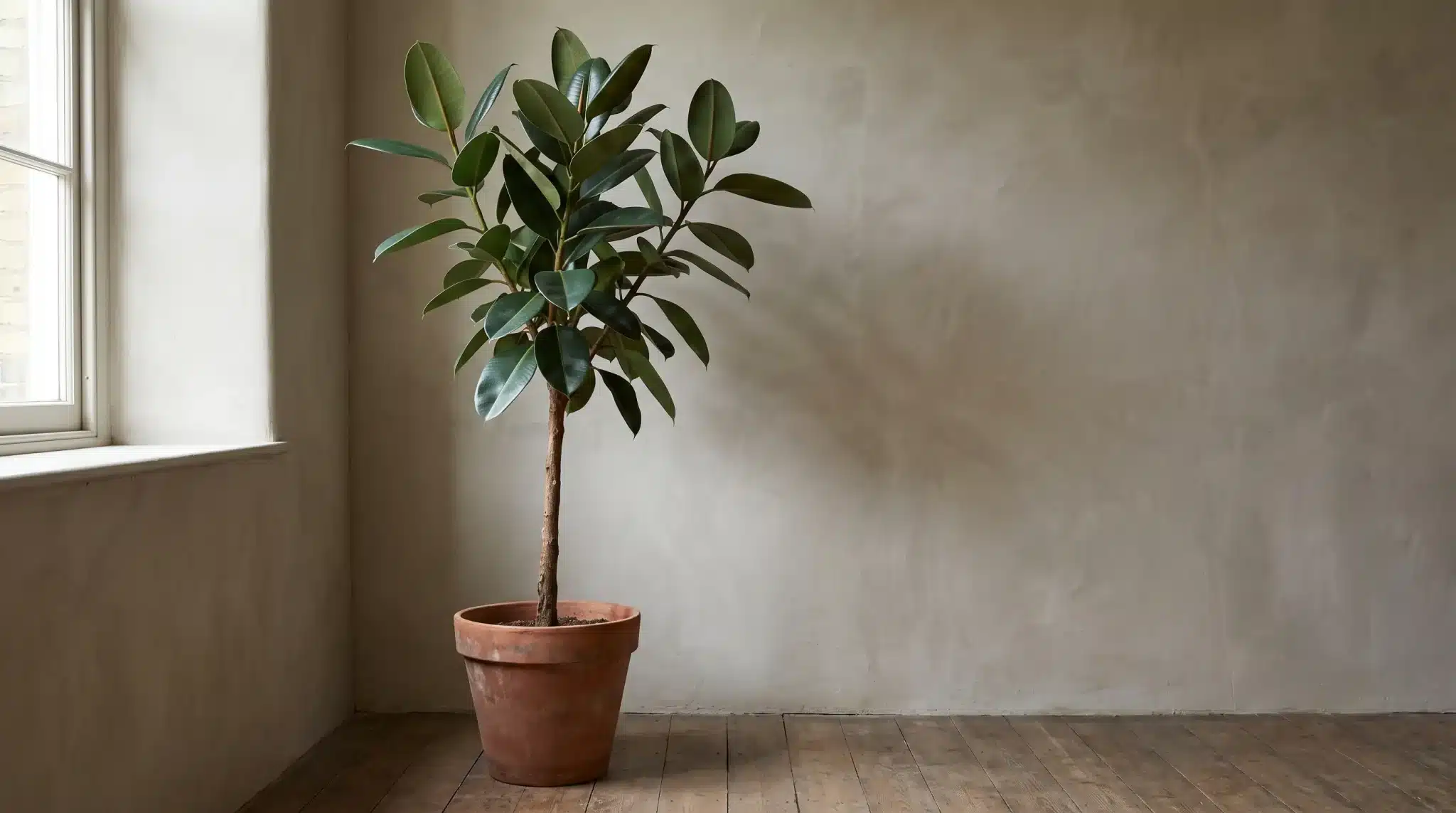 tall rubber plant with glossy green leaves in a terracotta pot beside a softly lit window