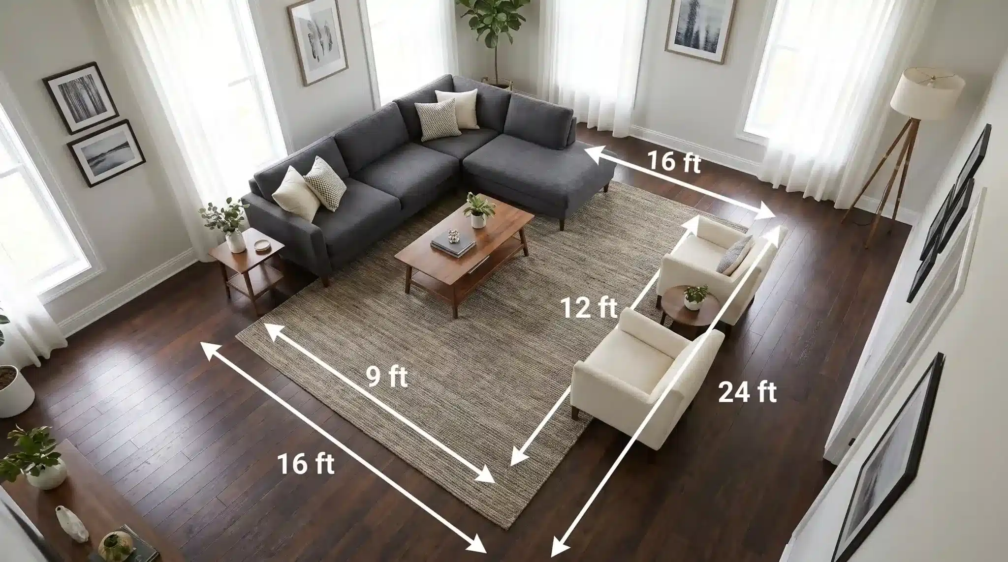 sectional and armchairs positioned on a rug with room measurements marked for a large space
