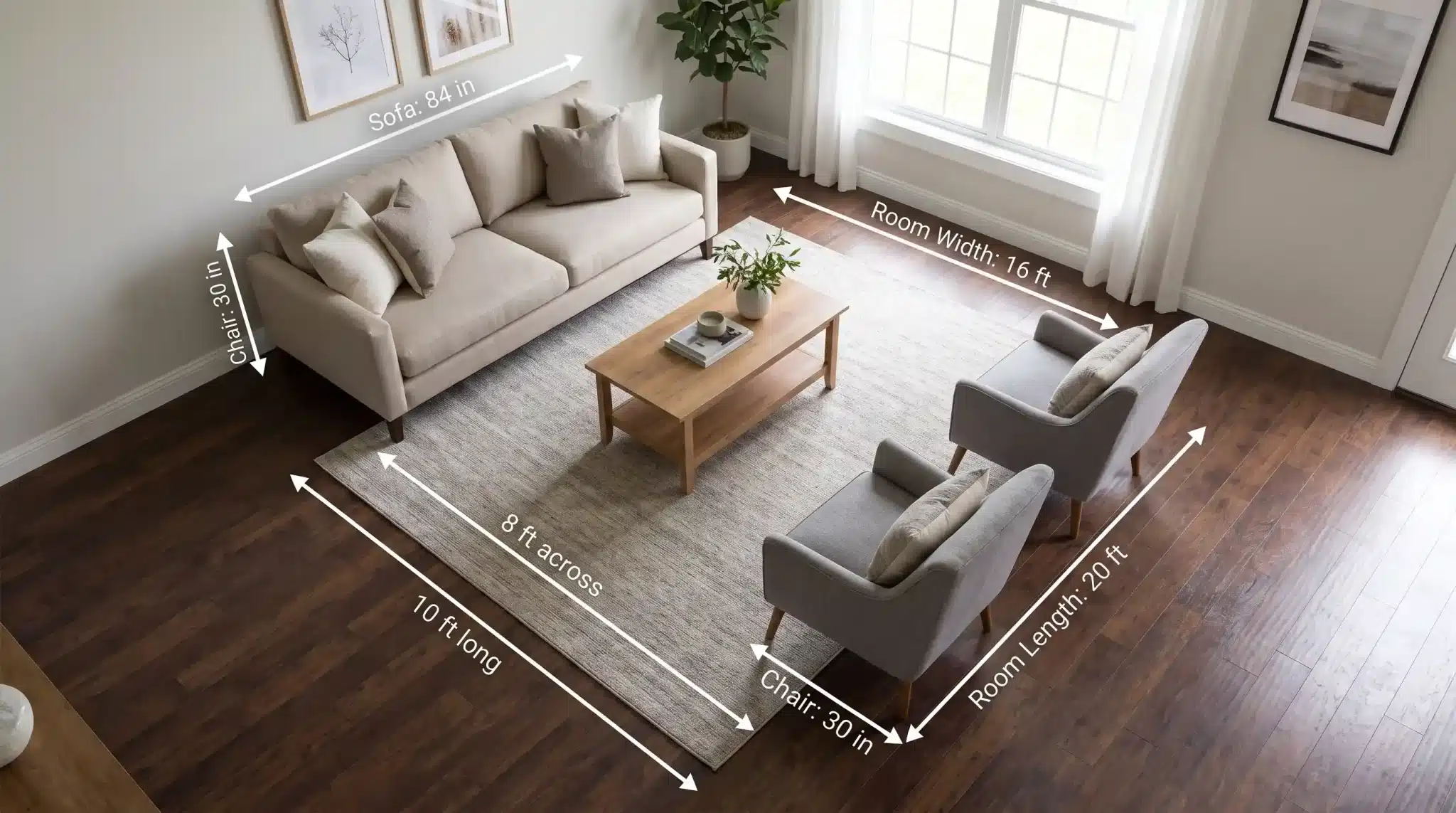 overhead view of a sofa and two chairs with rug dimensions marked showing sizing for a medium living room