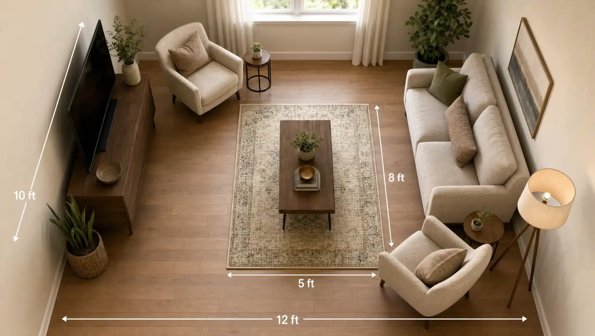 overhead view of a small living room with sectional rug sized to fit sofa chair and coffee table layout