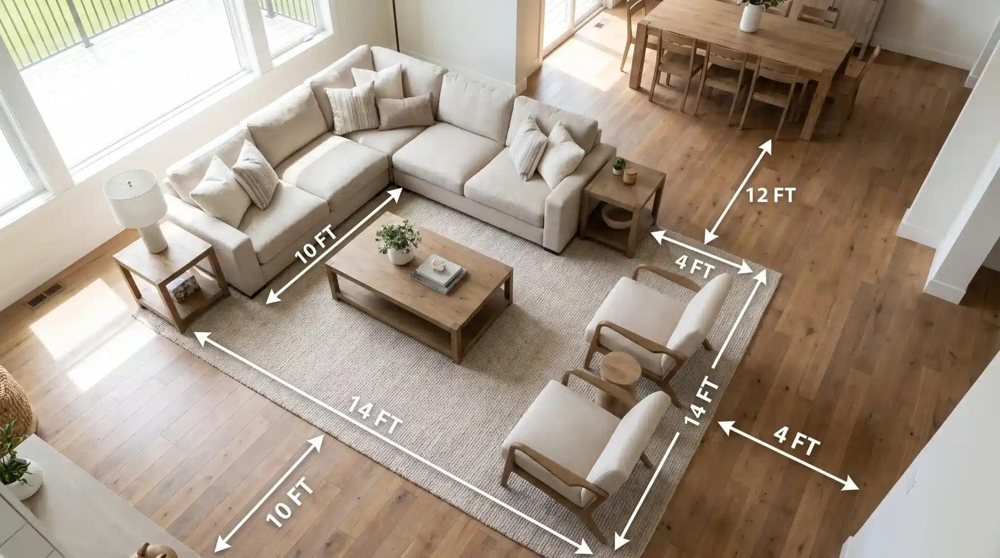 sectional and armchairs on a rug next to a dining table in an open concept living space
