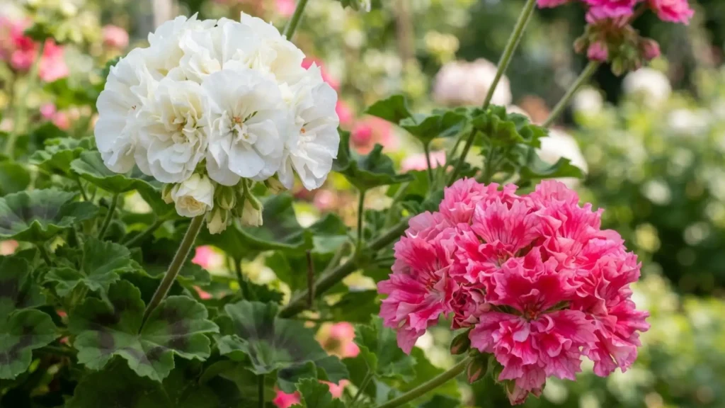 white and pink geranium flower clusters blooming among lush green leaves in a bright sunny garden setting