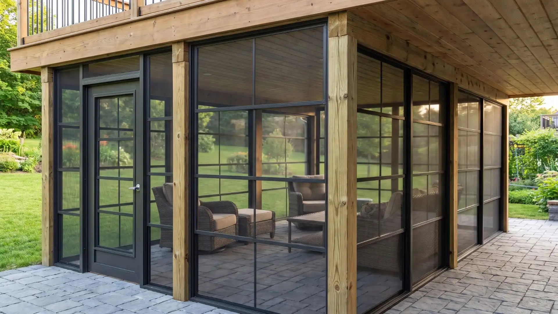 screened enclosure beneath a raised wooden deck with black frames, a door, and outdoor seating