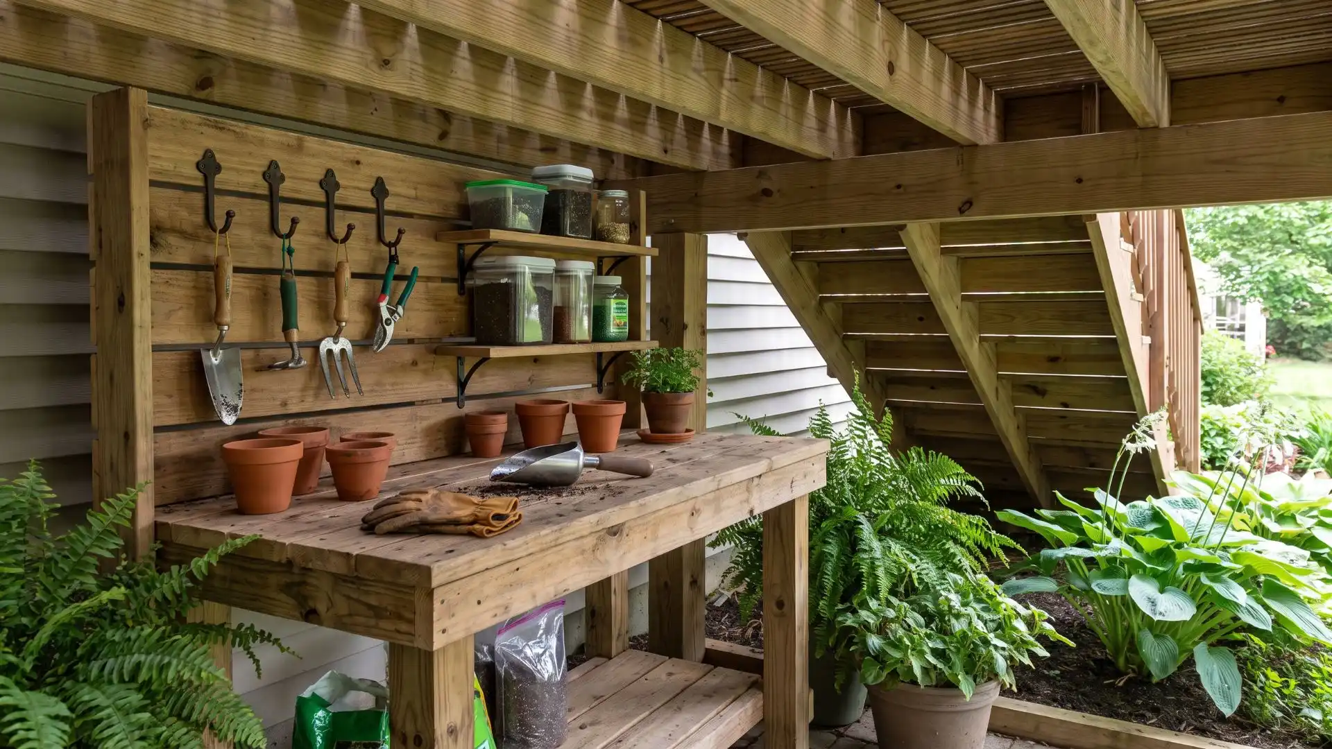 shade plant potting station with a wooden workbench, garden tools, pots, and soil beneath a raised deck