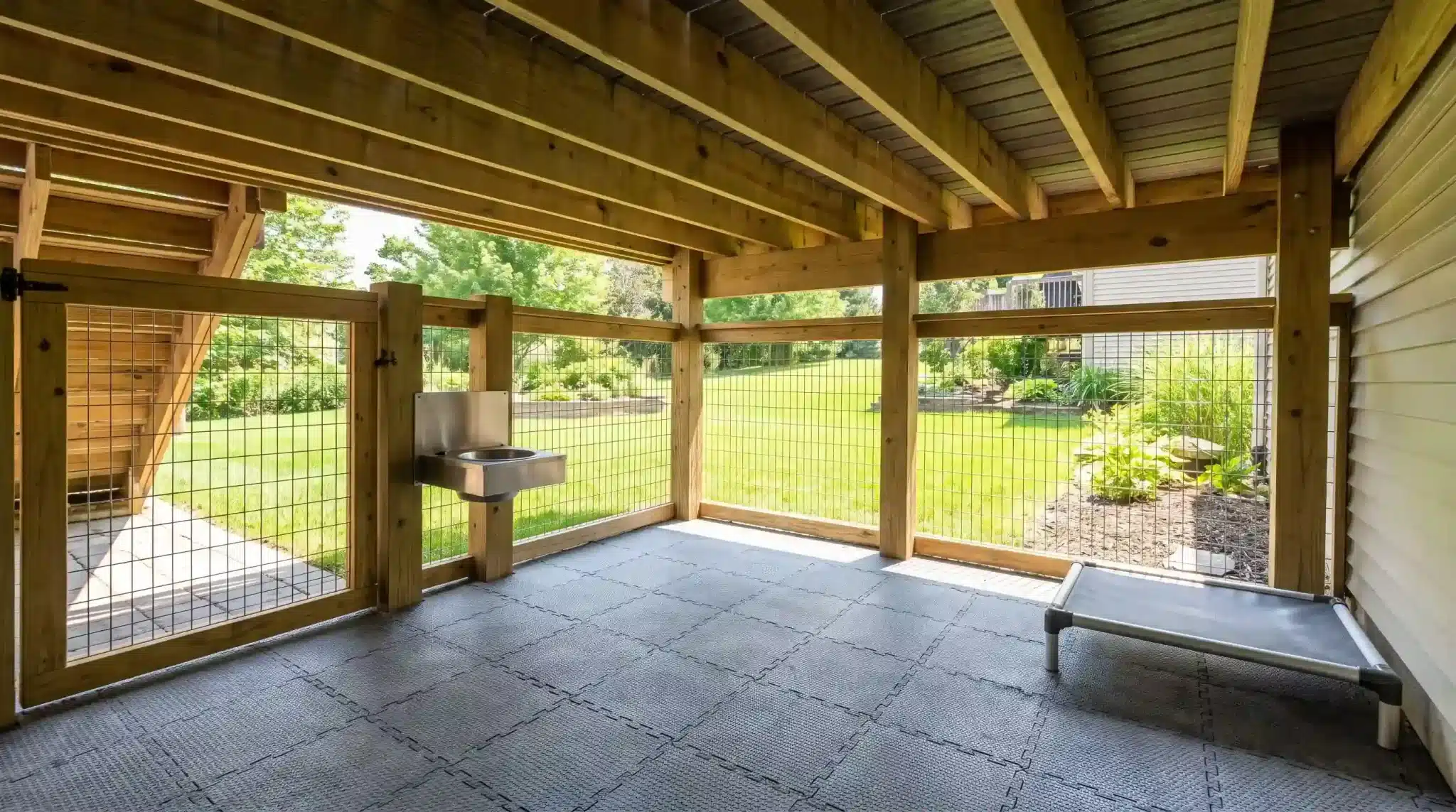 shaded dog run beneath a raised deck with wire fencing, rubber flooring, a water bowl, and an elevated bed