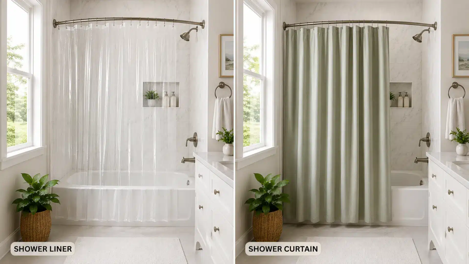 split image comparing a clear shower liner and a fabric shower curtain in an aesthetic bathroom