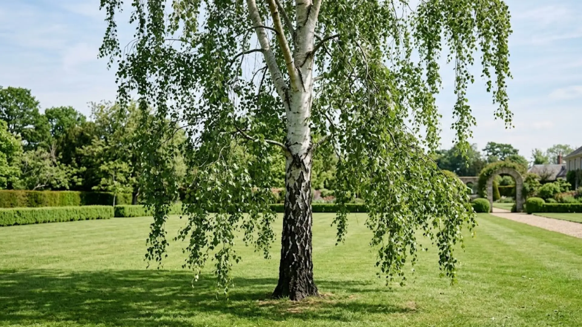 tall graceful birch tree with drooping branches and cascading green leaves growing in an open grassy lawn area