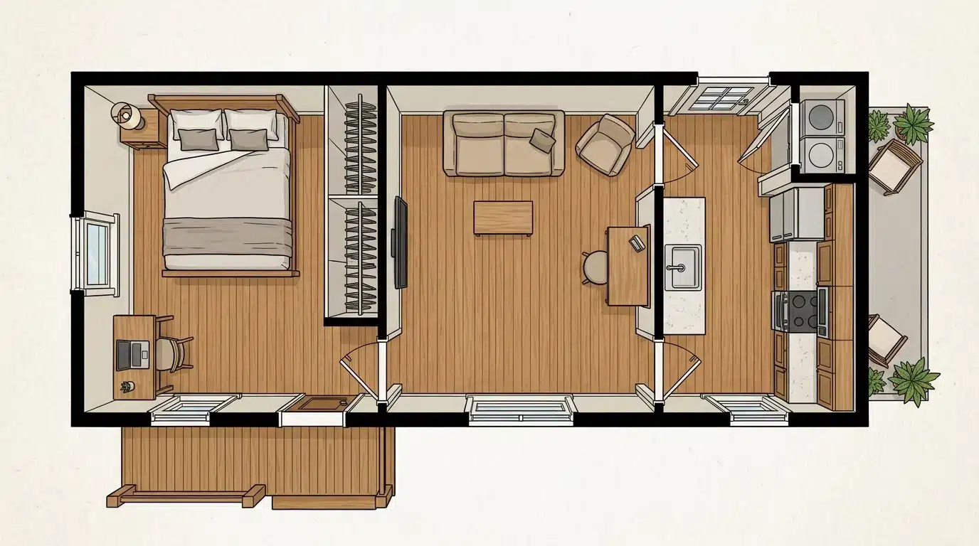 floor plan of a small apartment featuring a bedroom, kitchen, and living room layout