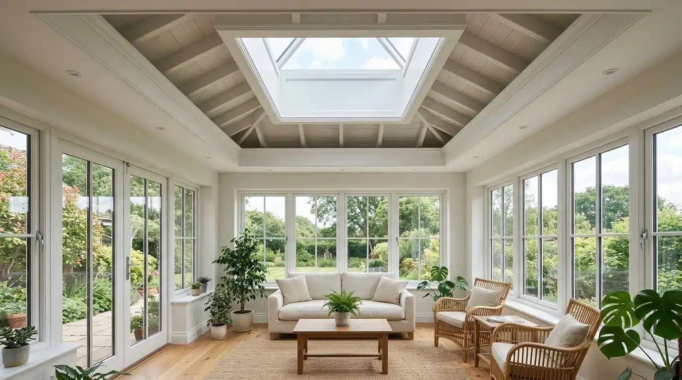 bright sunroom featuring a skylight and numerous windows, allowing ample natural light to fill the space