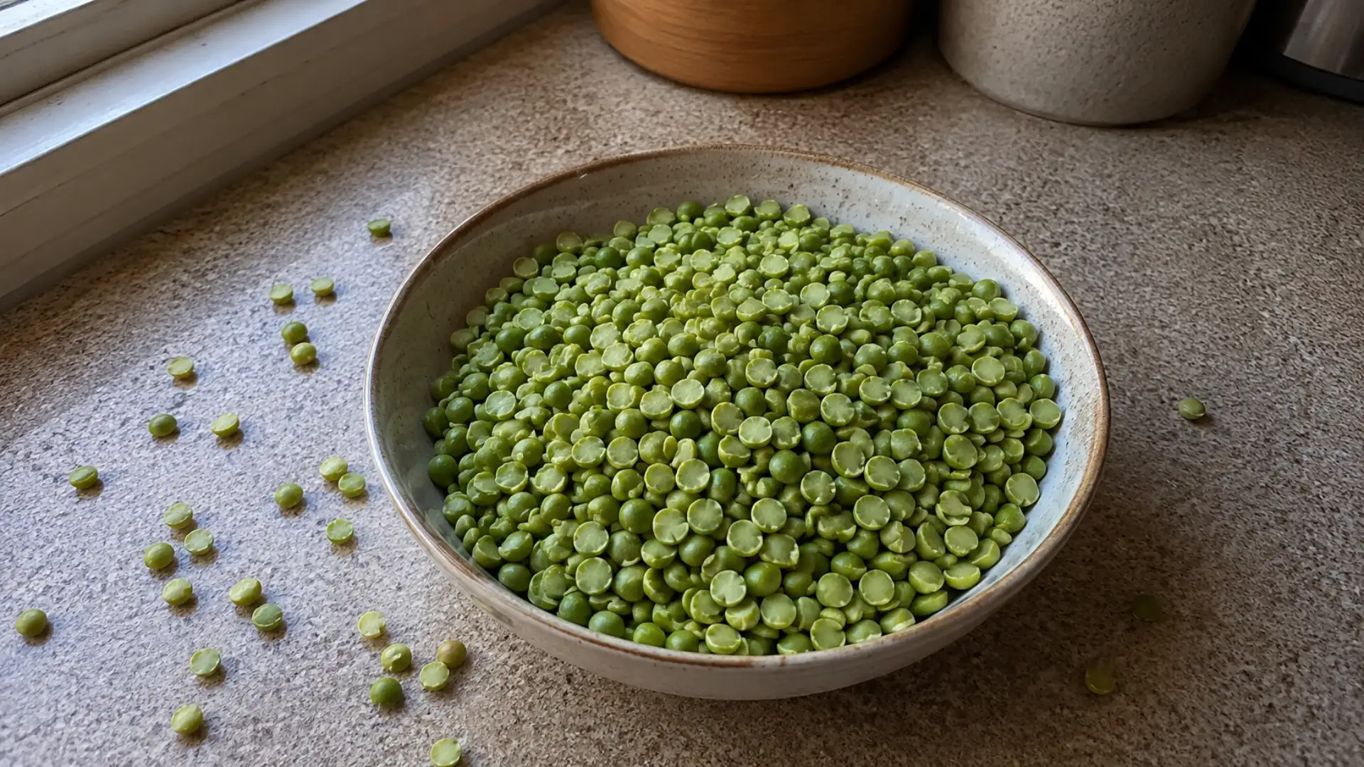 dry green split peas in a ceramic bowl, some scattered outside, on a kitchen counter