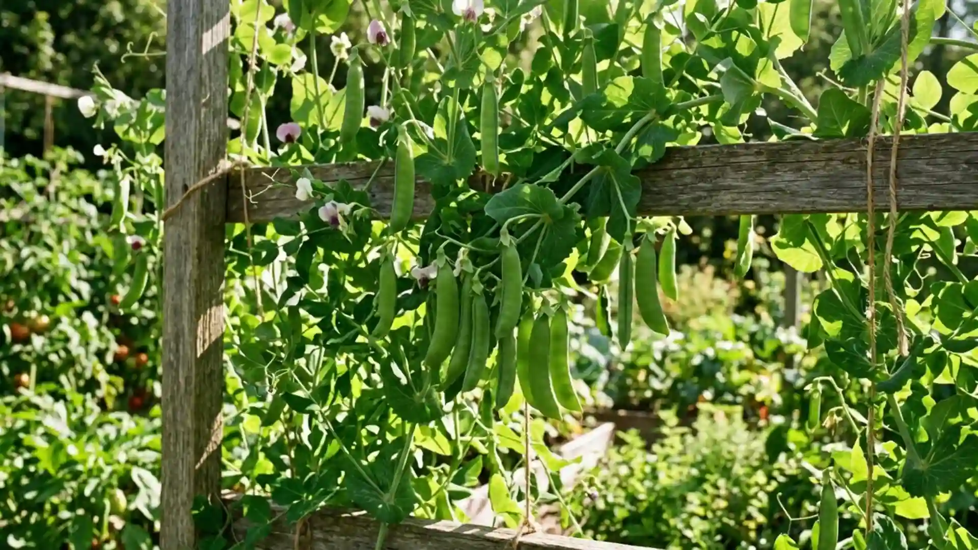 bright green snap pea pods, growing in a home garden bed, photographed in natural daylight