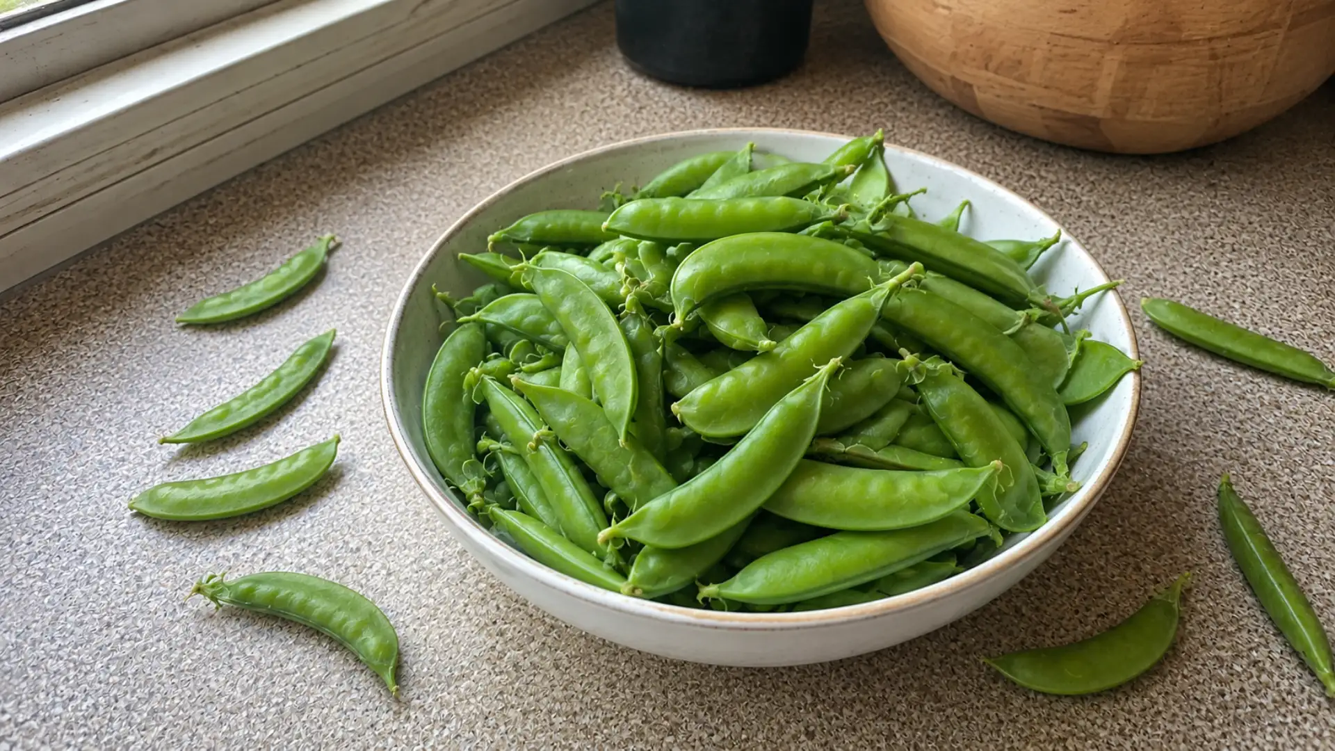 fresh green snap peas piled in a ceramic bowl on a kitchen counter