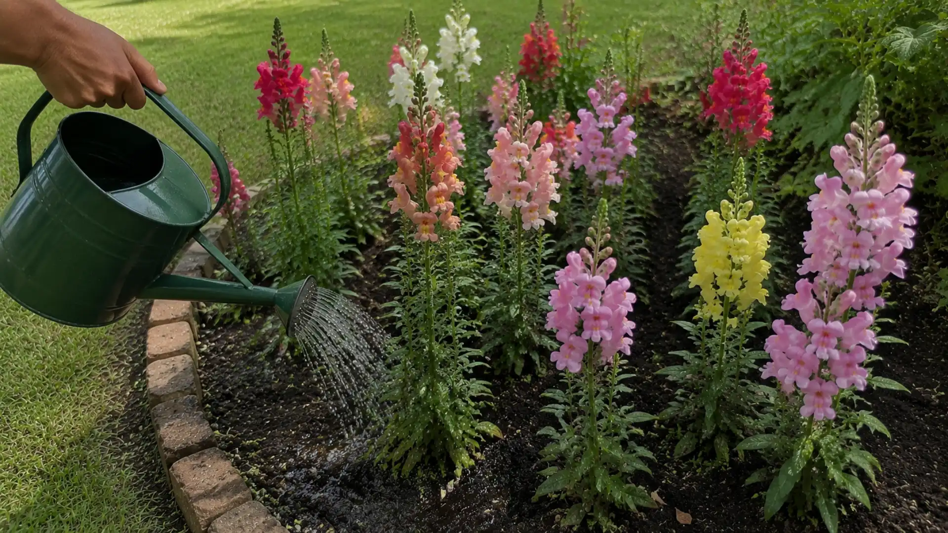 a hand watering blooming snapdragons at the base with a watering can in a sunny backyard garden bed