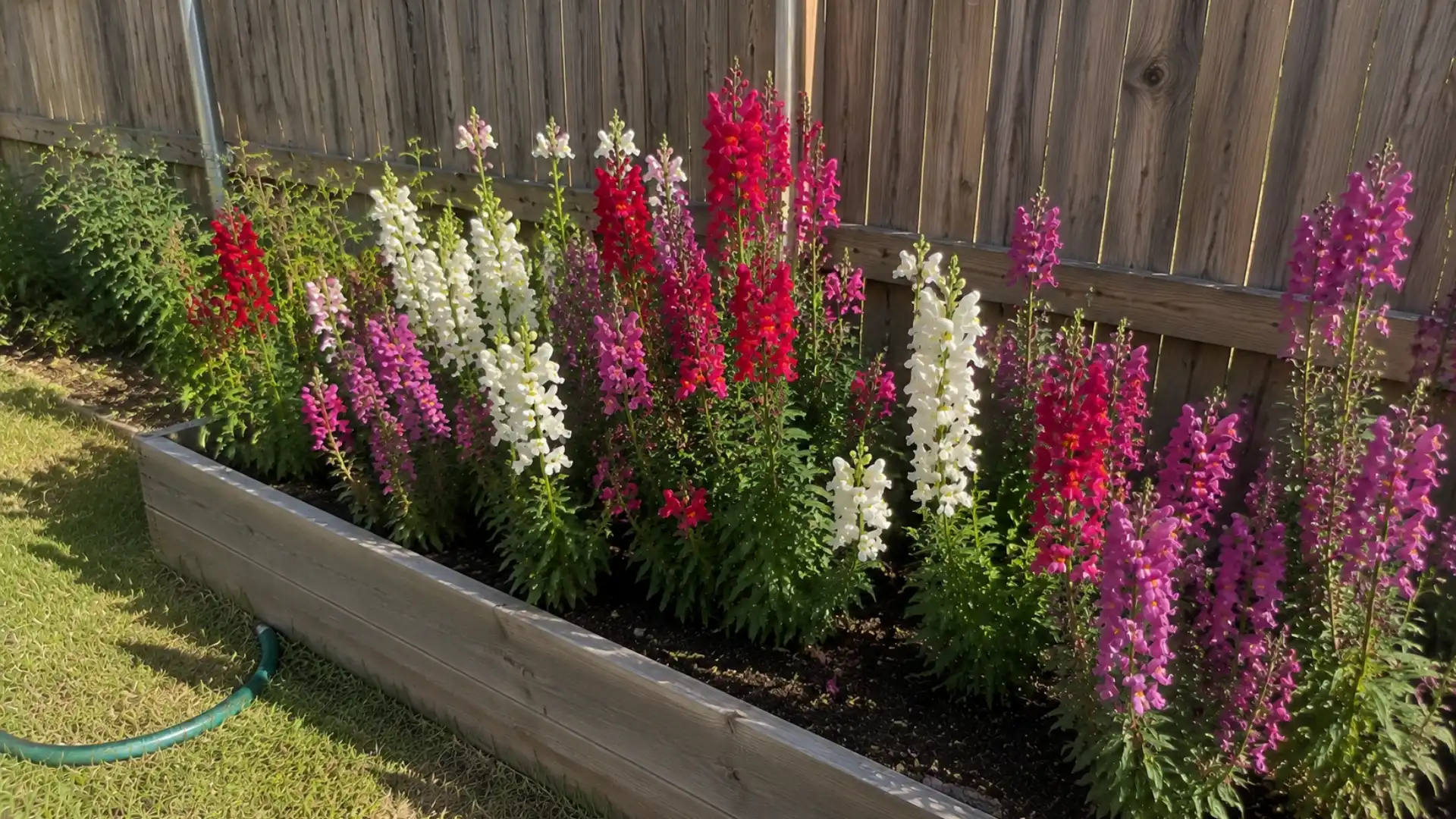 wooden raised garden bed with tall red, white, and purple snapdragons blooming beside a backyard fence and lawn