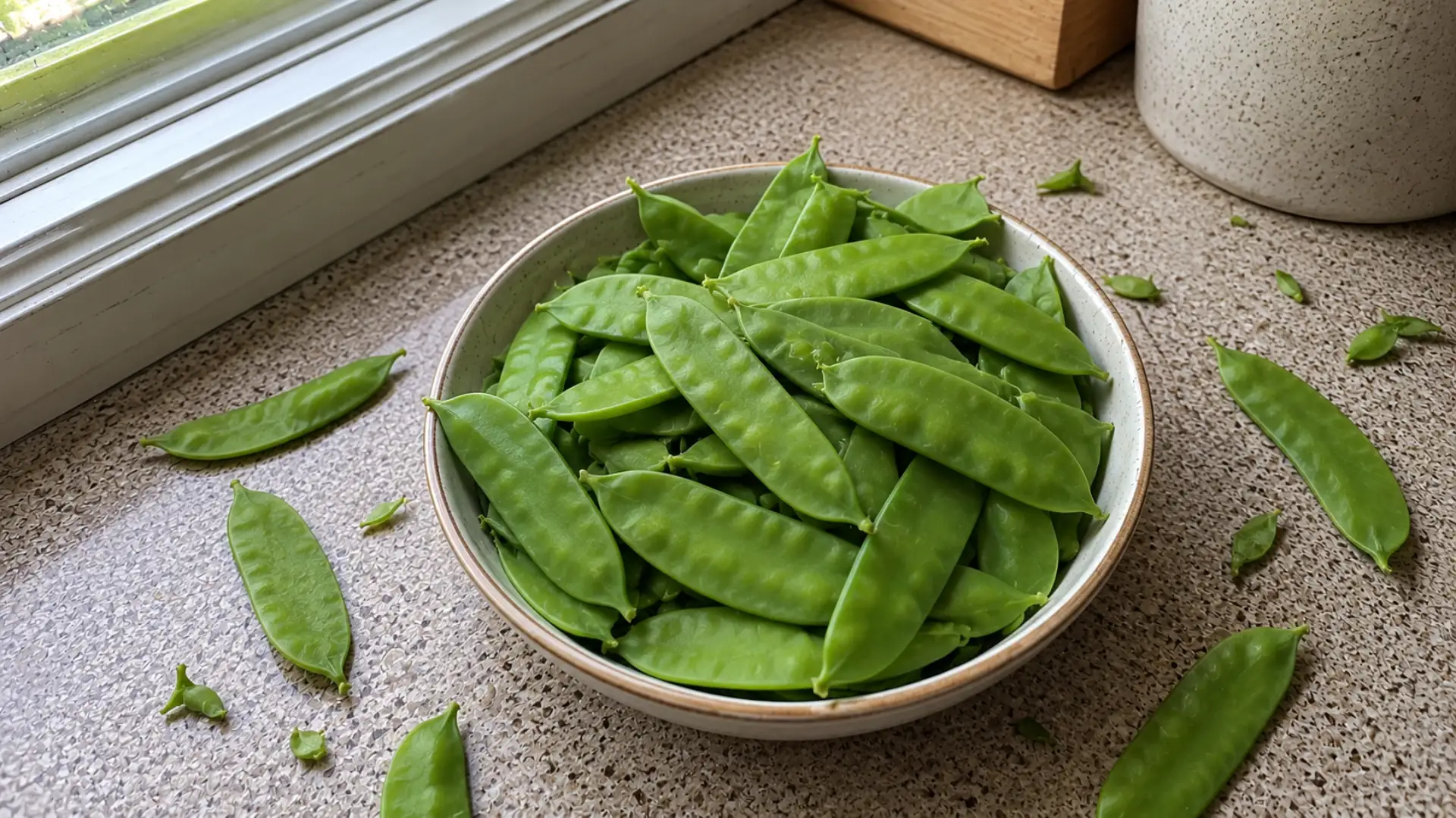 fresh flat snow peas in a bowl, some scattered outside, on a kitchen counter