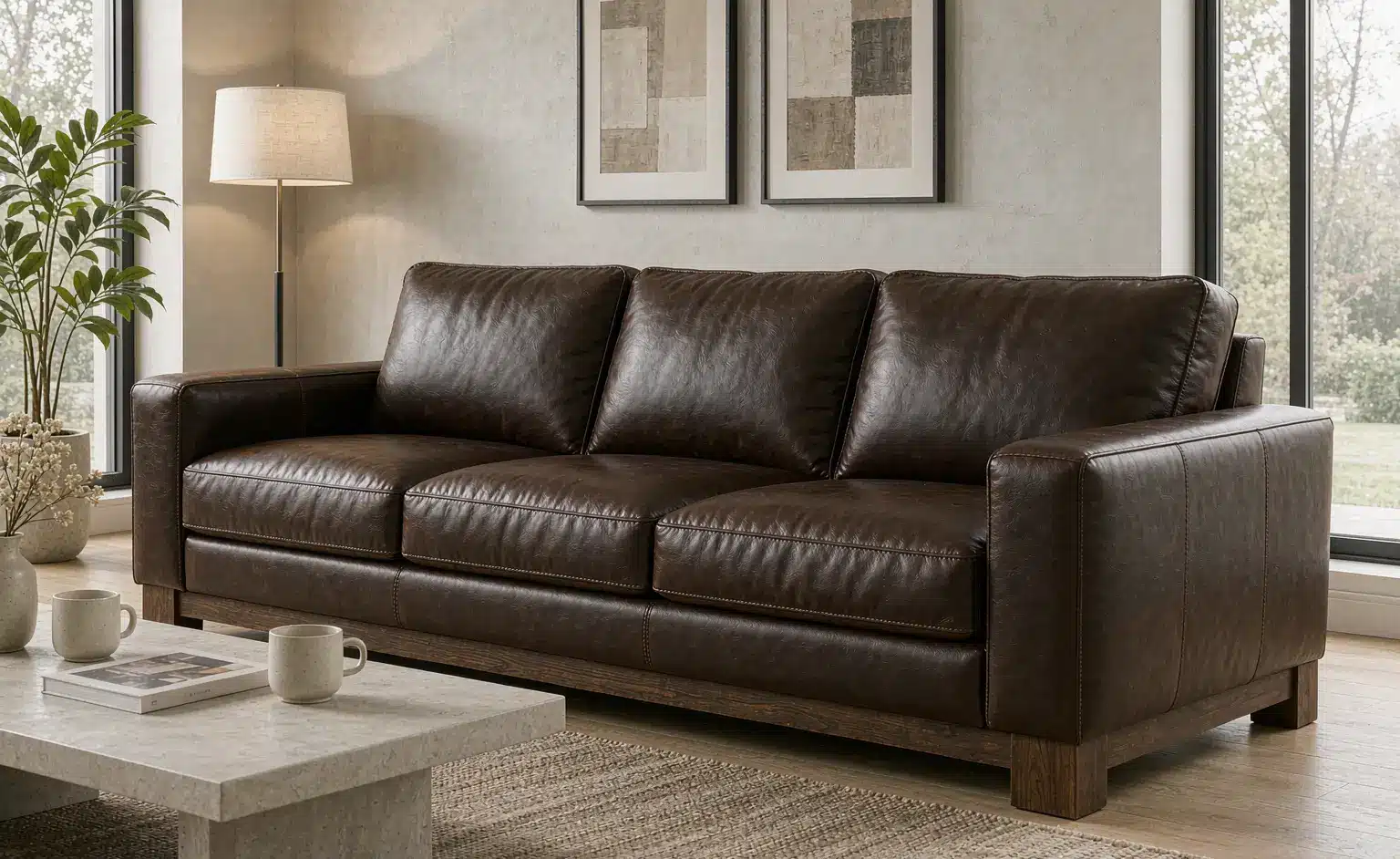 Dark brown leather sofa in modern living room with beige walls and coffee table