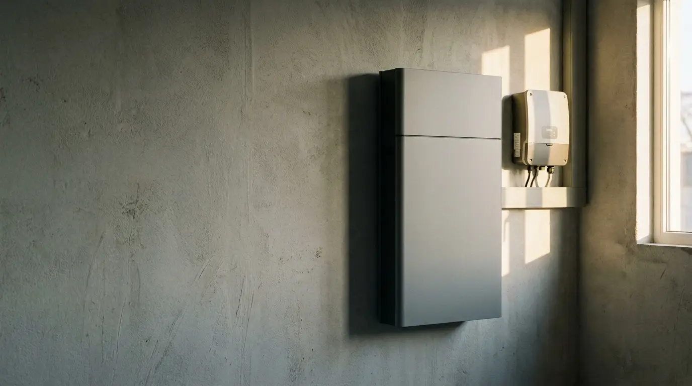 Battery storage unit mounted on concrete wall in sunlit room with shadows