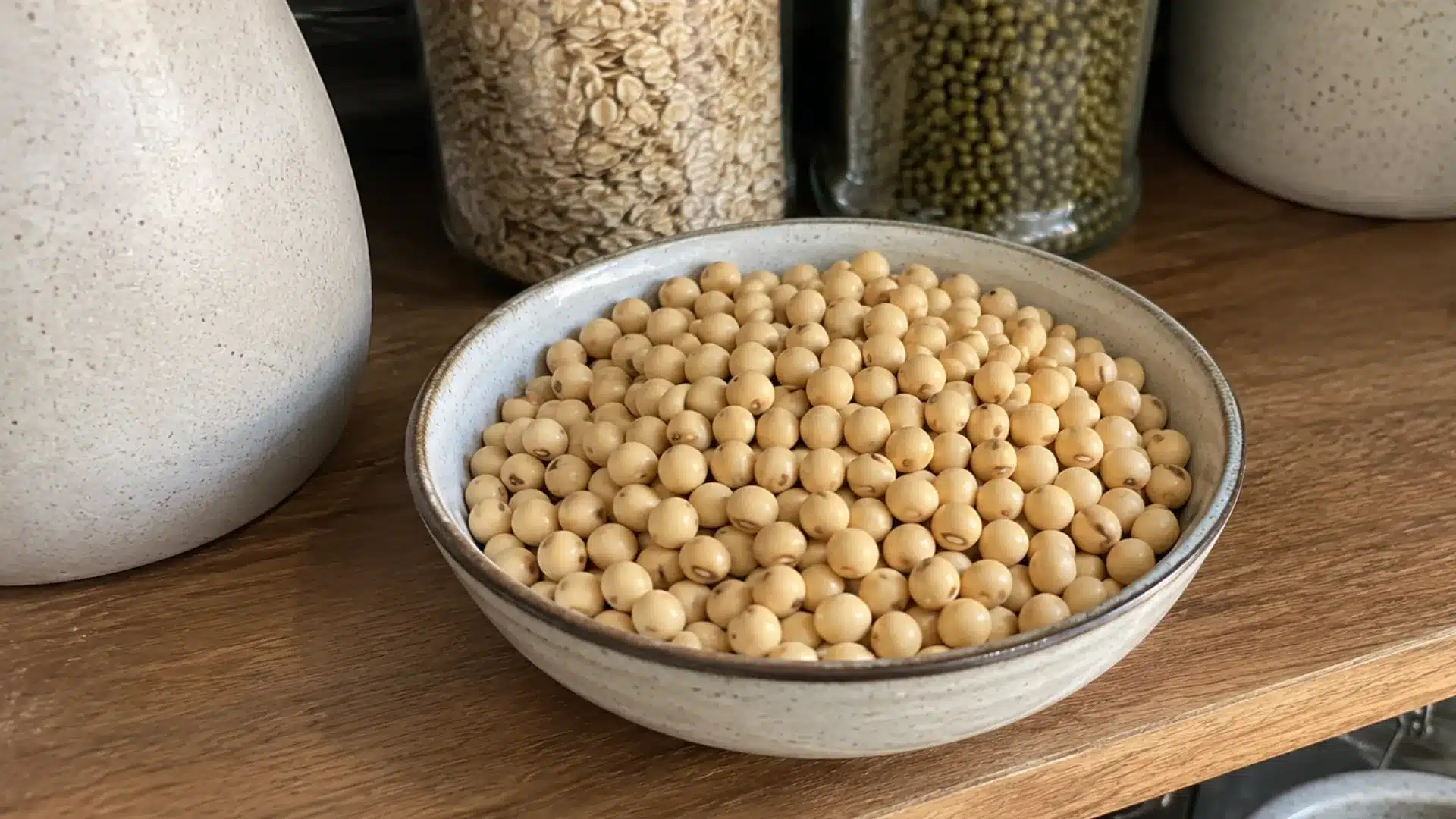 dry tan soybeans in a ceramic bowl on a kitchen shelf