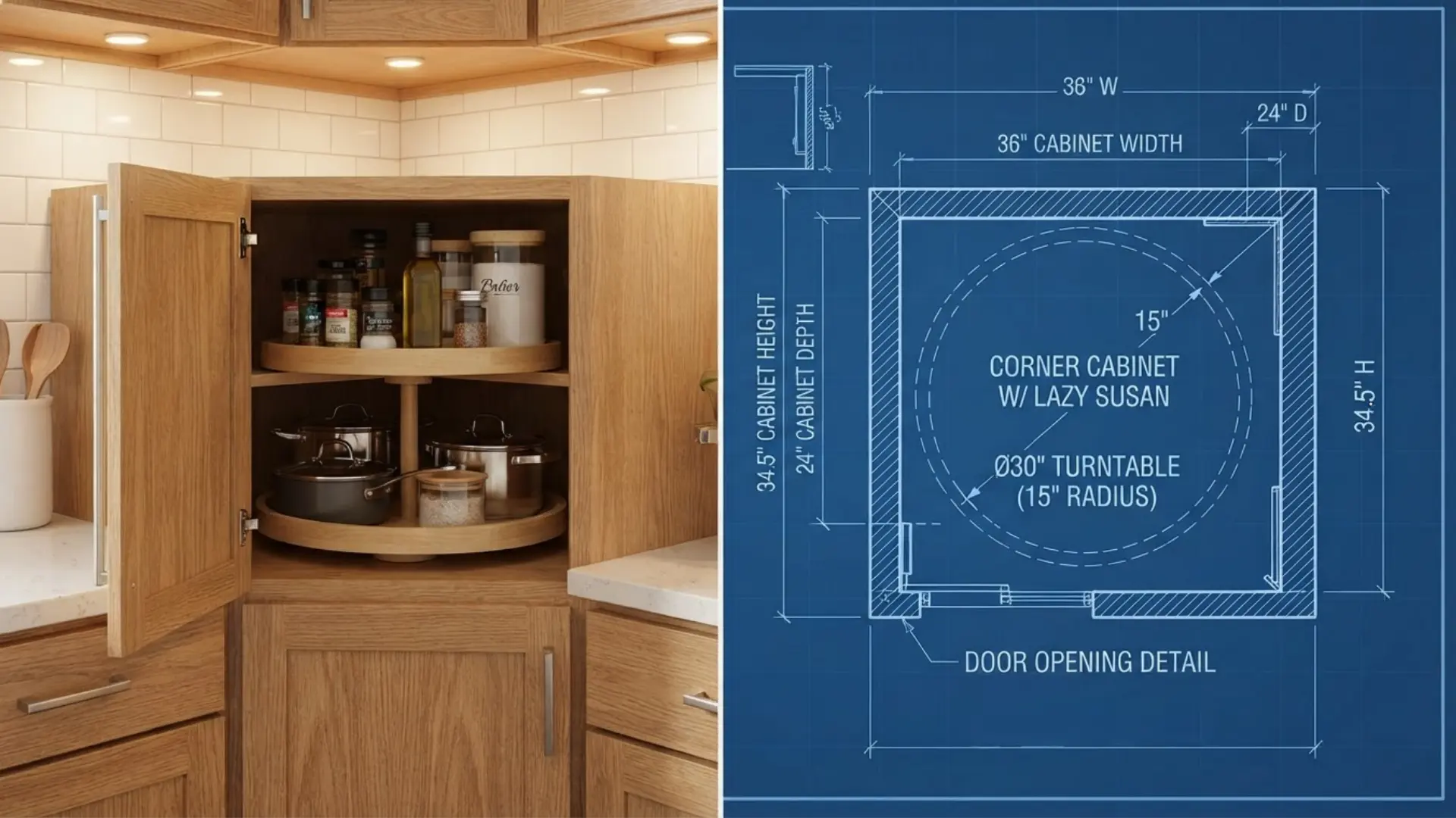 corner kitchen cabinet with a Lazy Susan beside a blueprint showing width and height