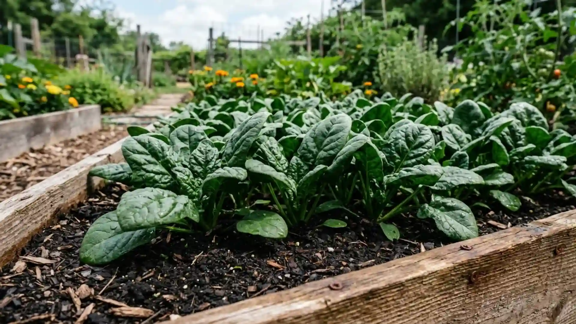 crisp green spinach leaves, growing in a home garden bed, photographed in natural daylight