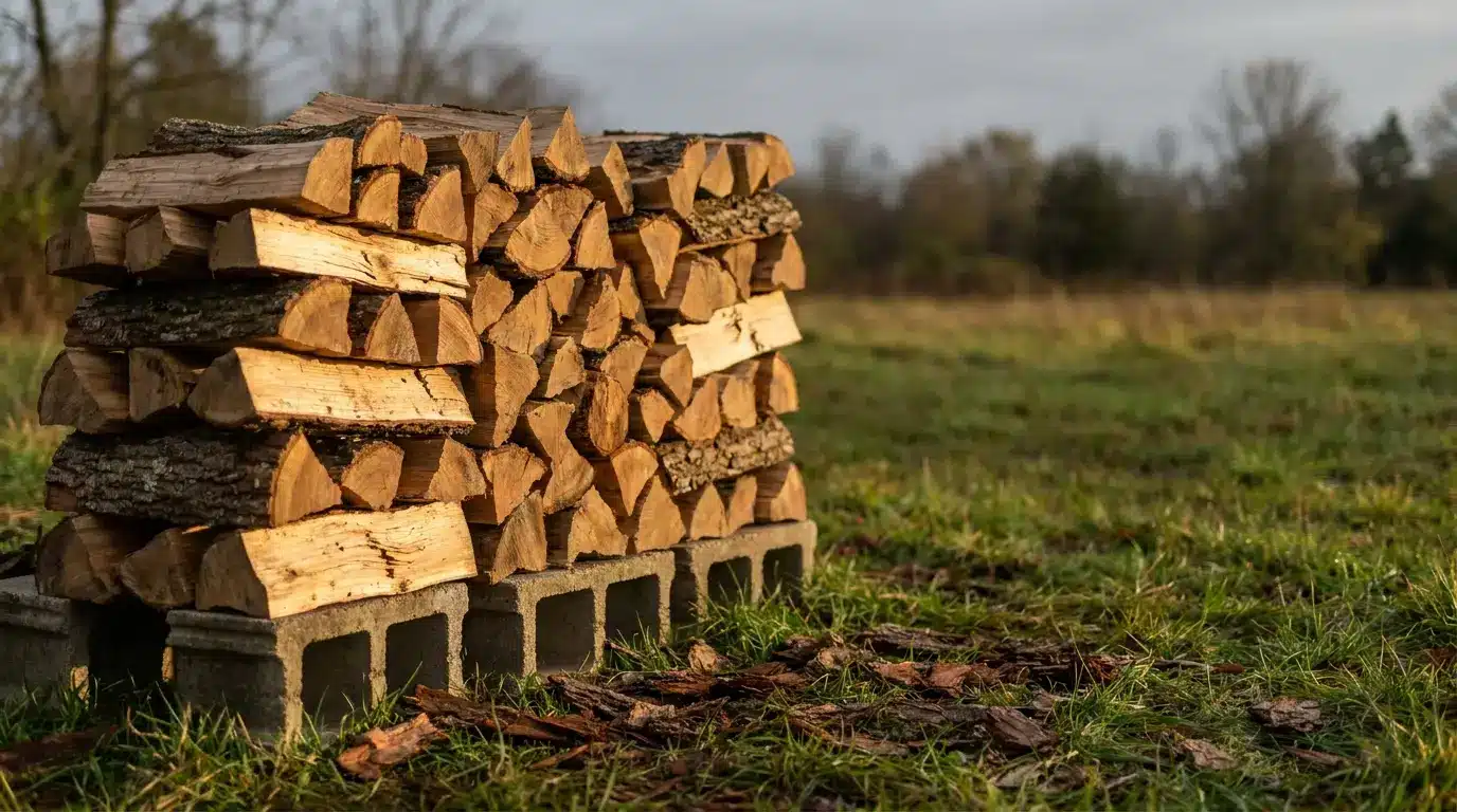 Stack of firewood on cement blocks outdoors in grassy field under overcast sky