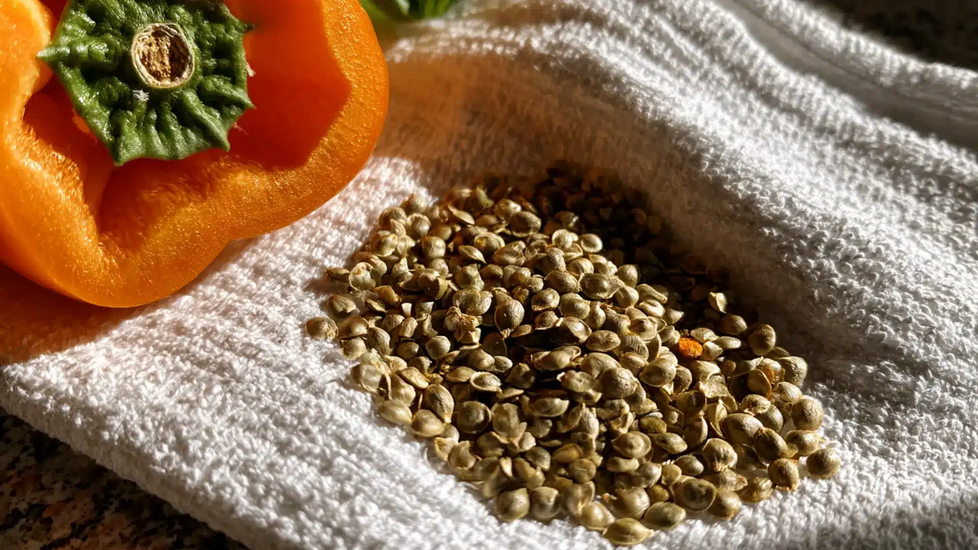 squash and pumpkin seeds drying on a parchment lined baking sheet beside a carved pumpkin shell