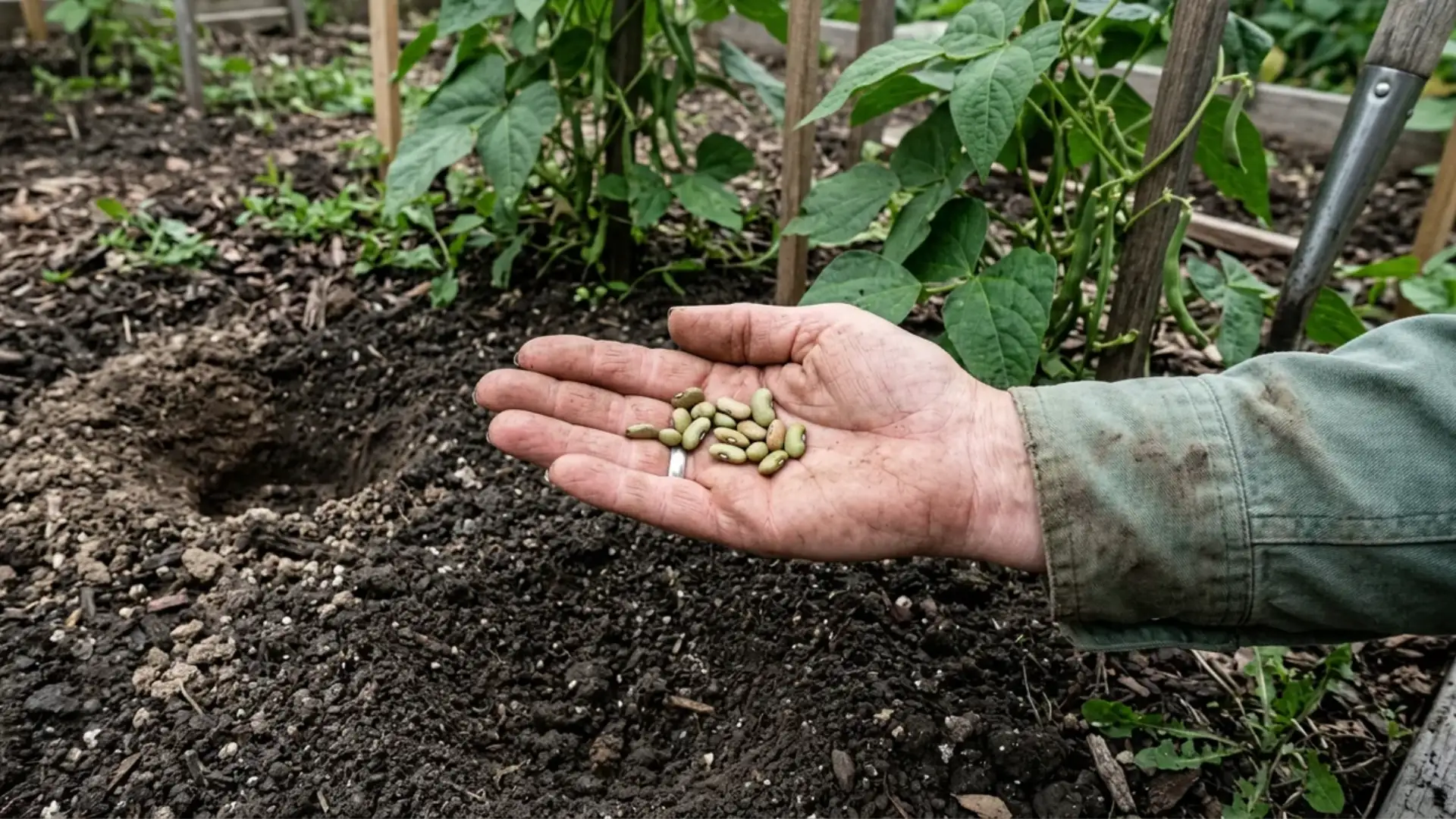 green bean seeds held in hand above freshly tilled garden soil