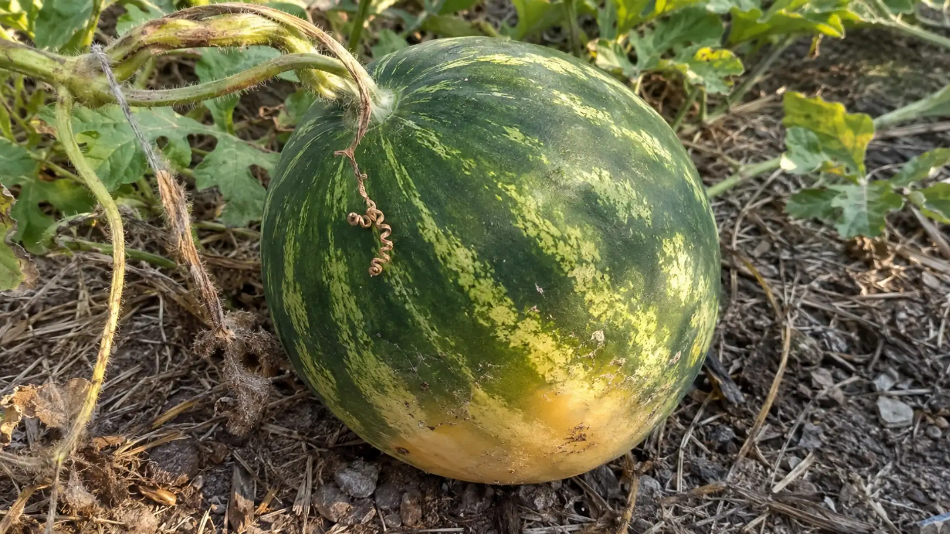ripe watermelon with a cream field spot and dry brown tendril resting on garden soil