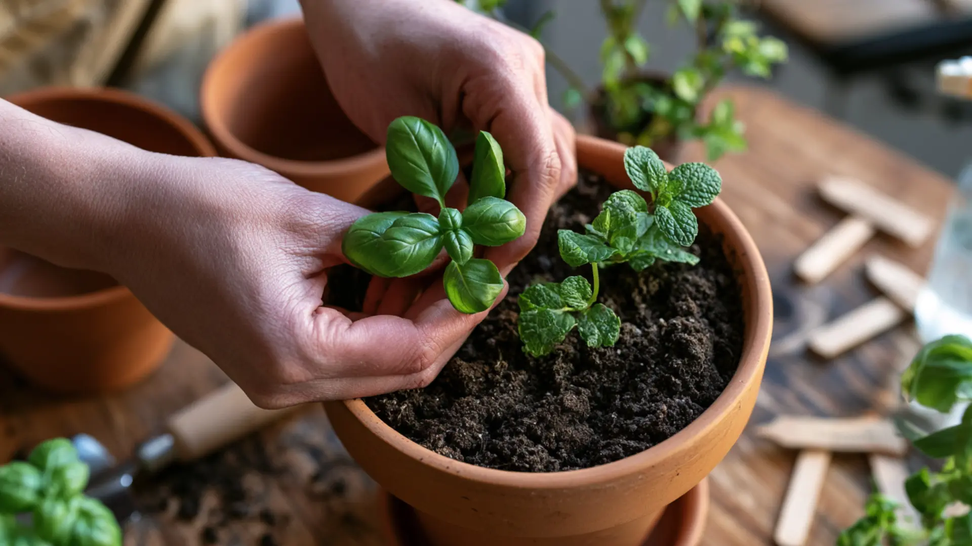 planting basil and mint seedlings into terracotta pot with soil for growing herbs indoors