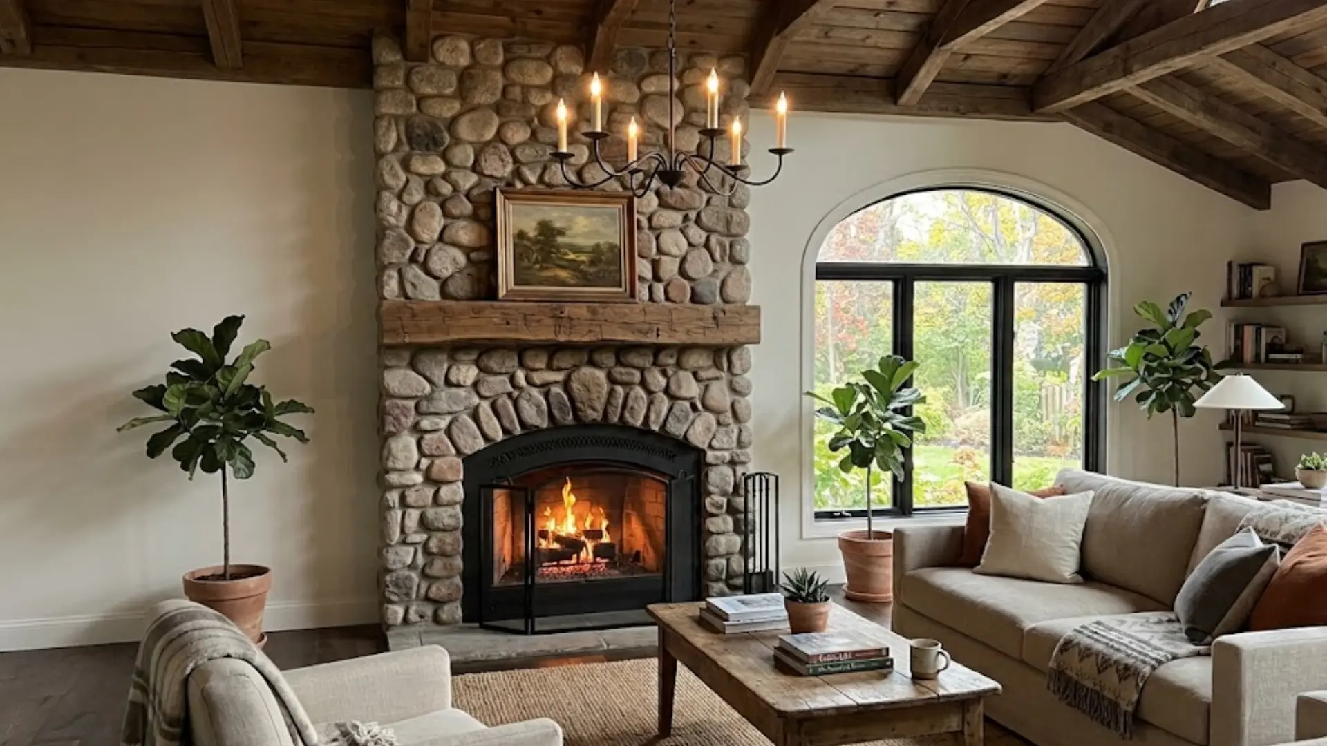 river stone fireplace with black arched insert and rustic wood mantel beneath an iron candle chandelier in a living room