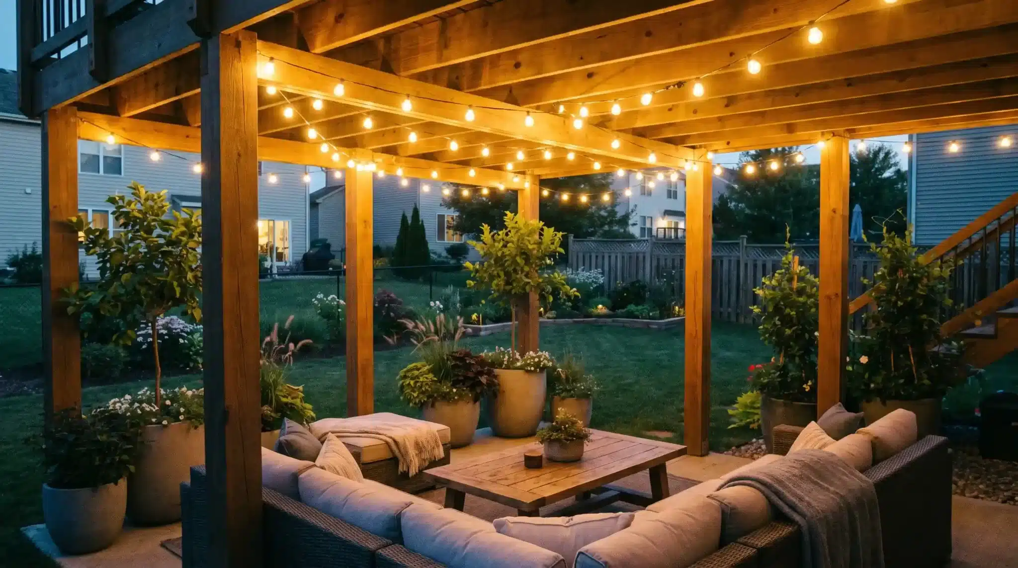 string light canopy glowing above a furnished seating area with potted plants beneath a raised deck