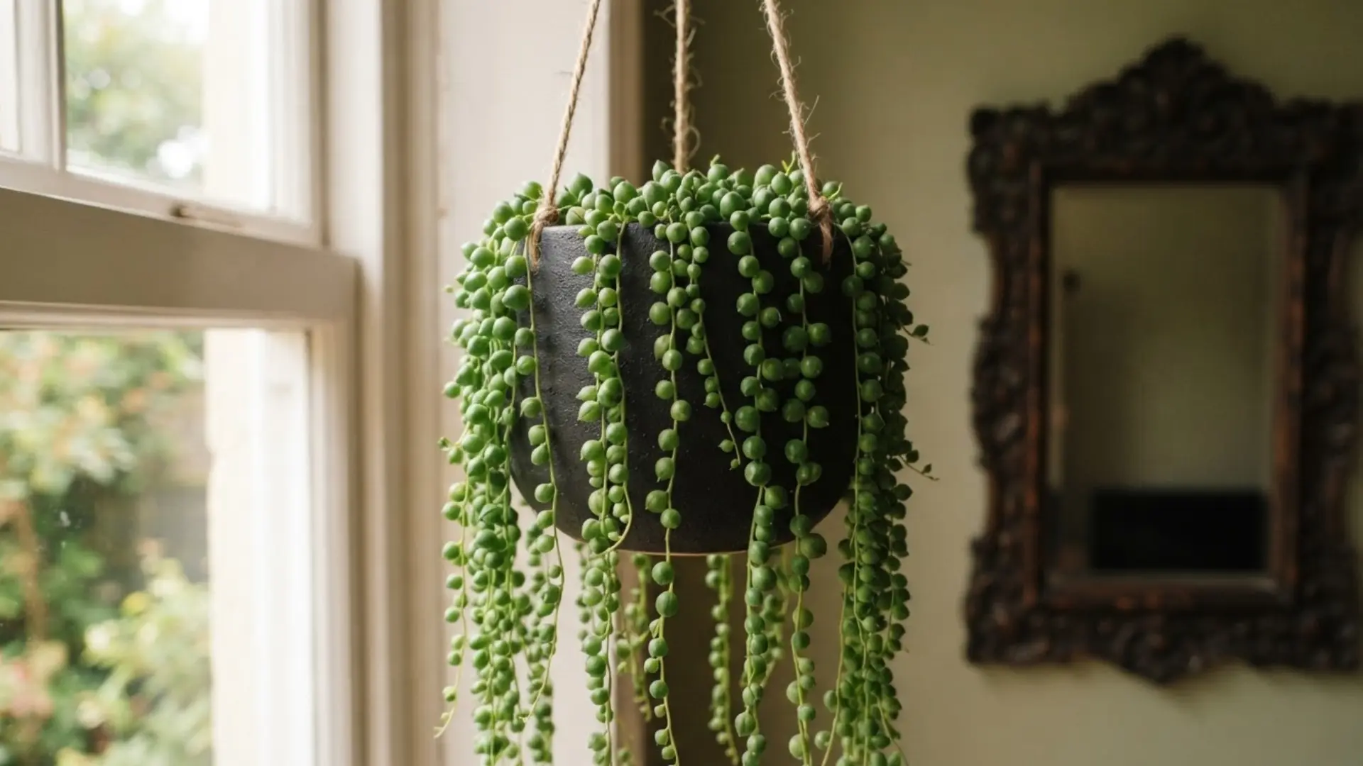 lush string of pearls plant trailing from a black hanging pot beside a bright indoor window at home
