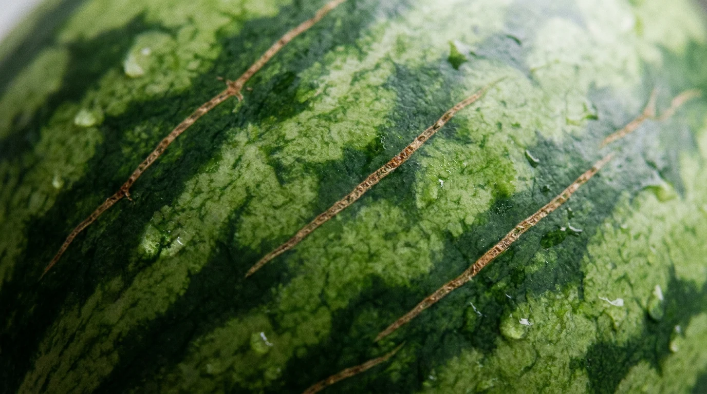 close-up of a wet watermelon rind showing mottled green stripes and natural markings