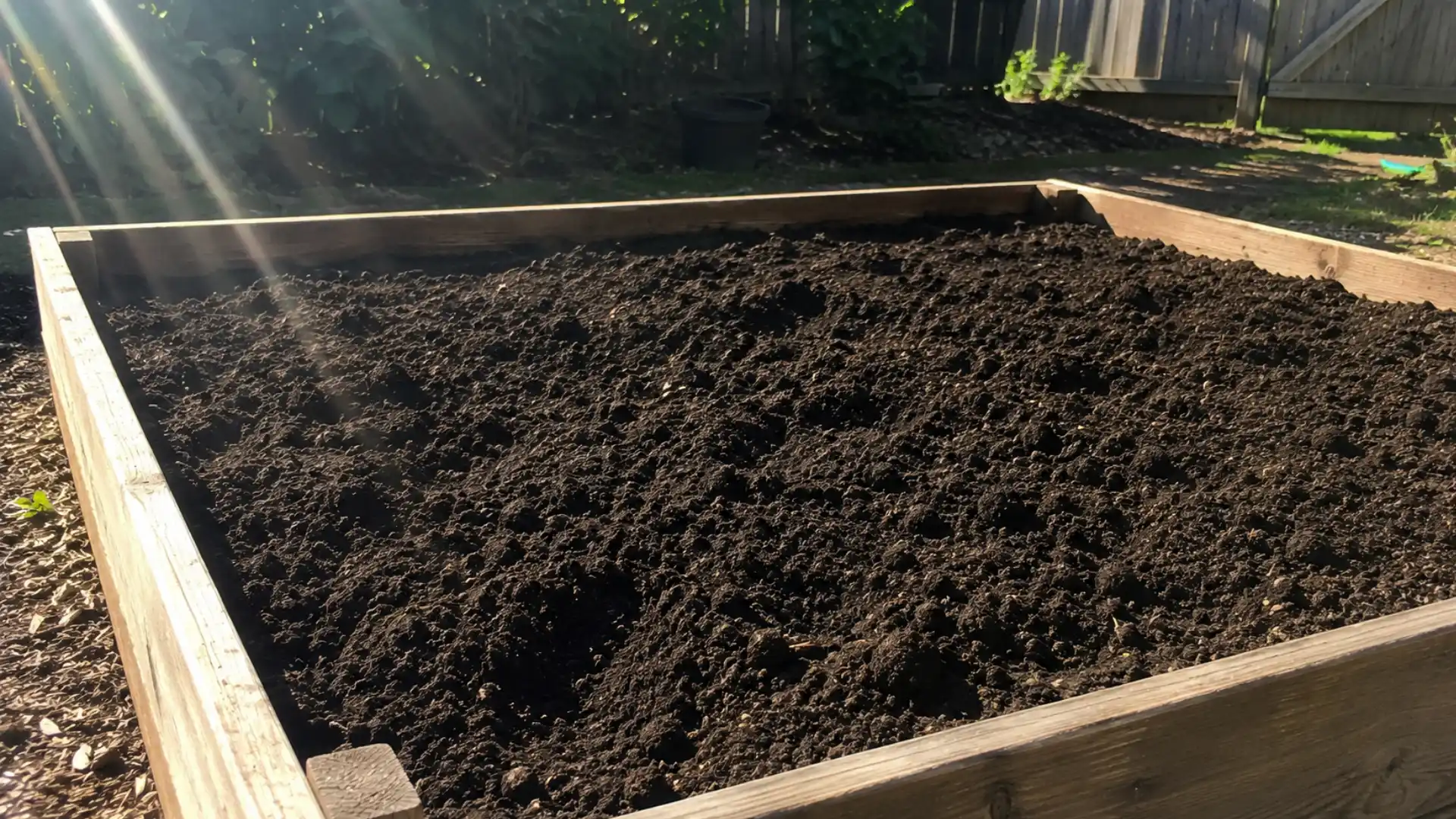 raised garden bed soil in a home backyard in direct sunlight, ready for planting celosia