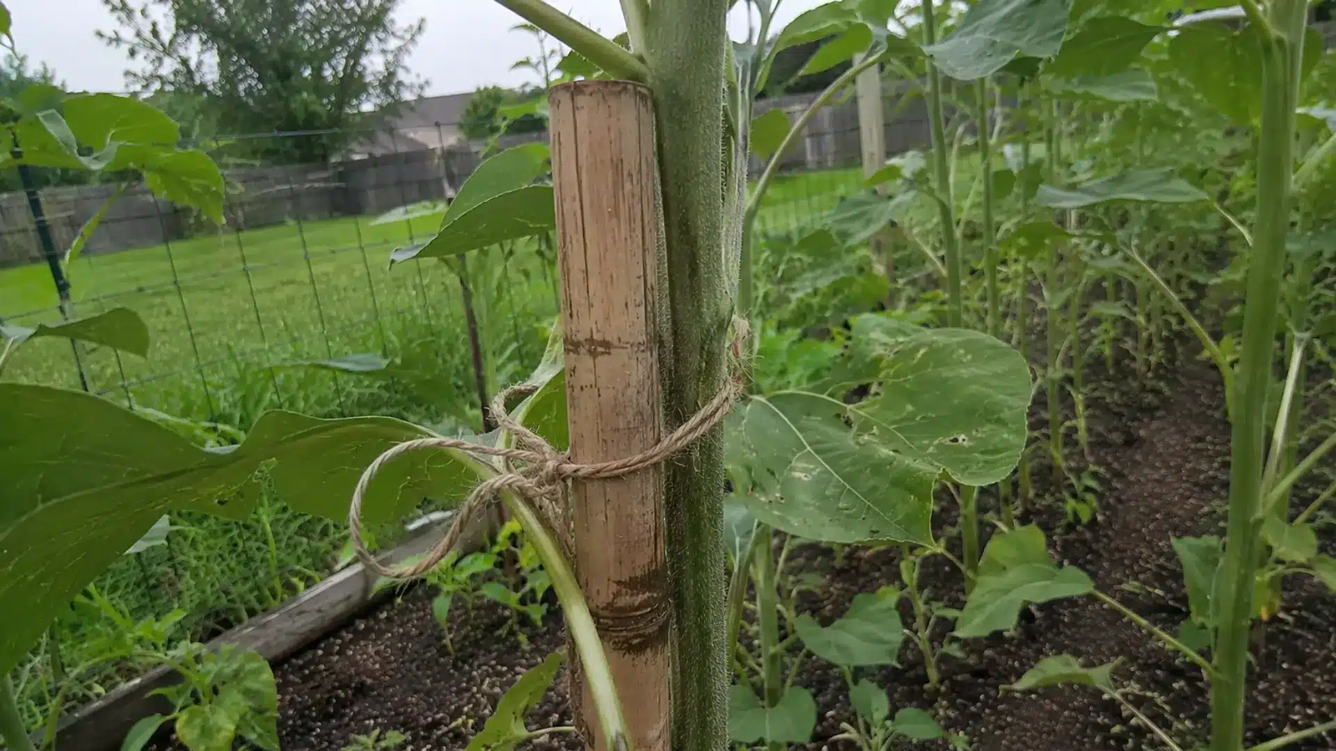wooden stake tied with twine supporting a tall sunflower stem in a backyard garden