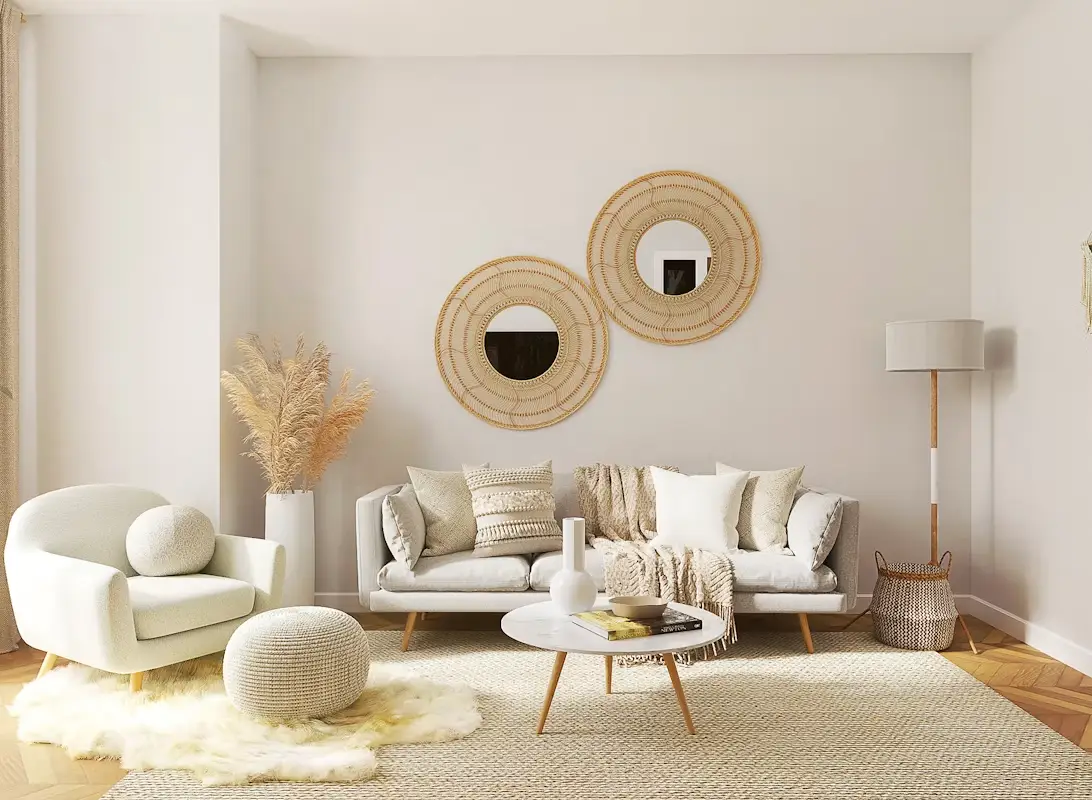 Modern living room with beige sofa, decorative pillows, white armchair, round mirrors, and woven rug