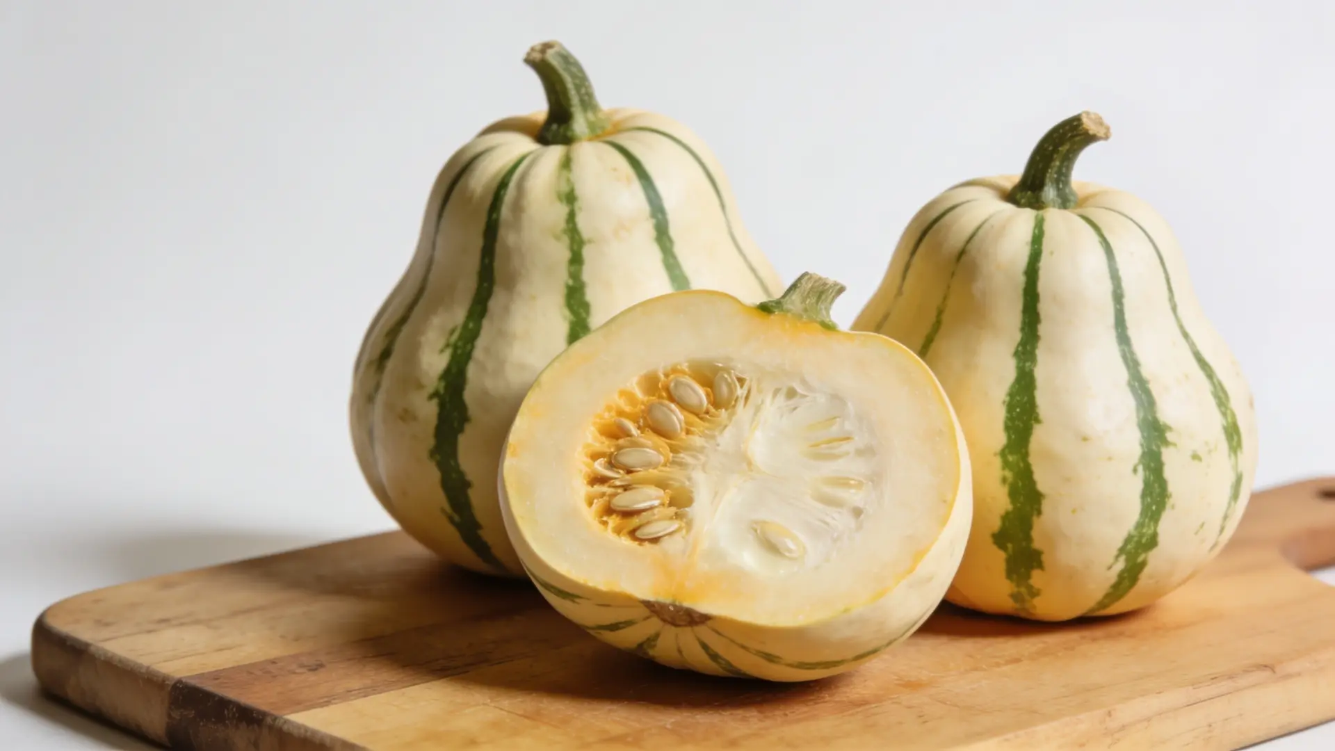 sweet dumpling squash halved and whole on a kitchen slab