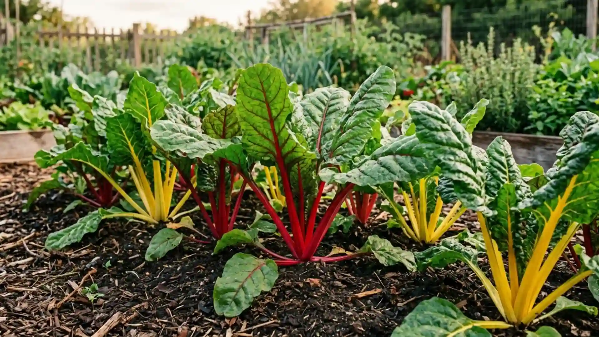 colorful swiss chard stalks growing in a home garden bed, photographed in natural daylight