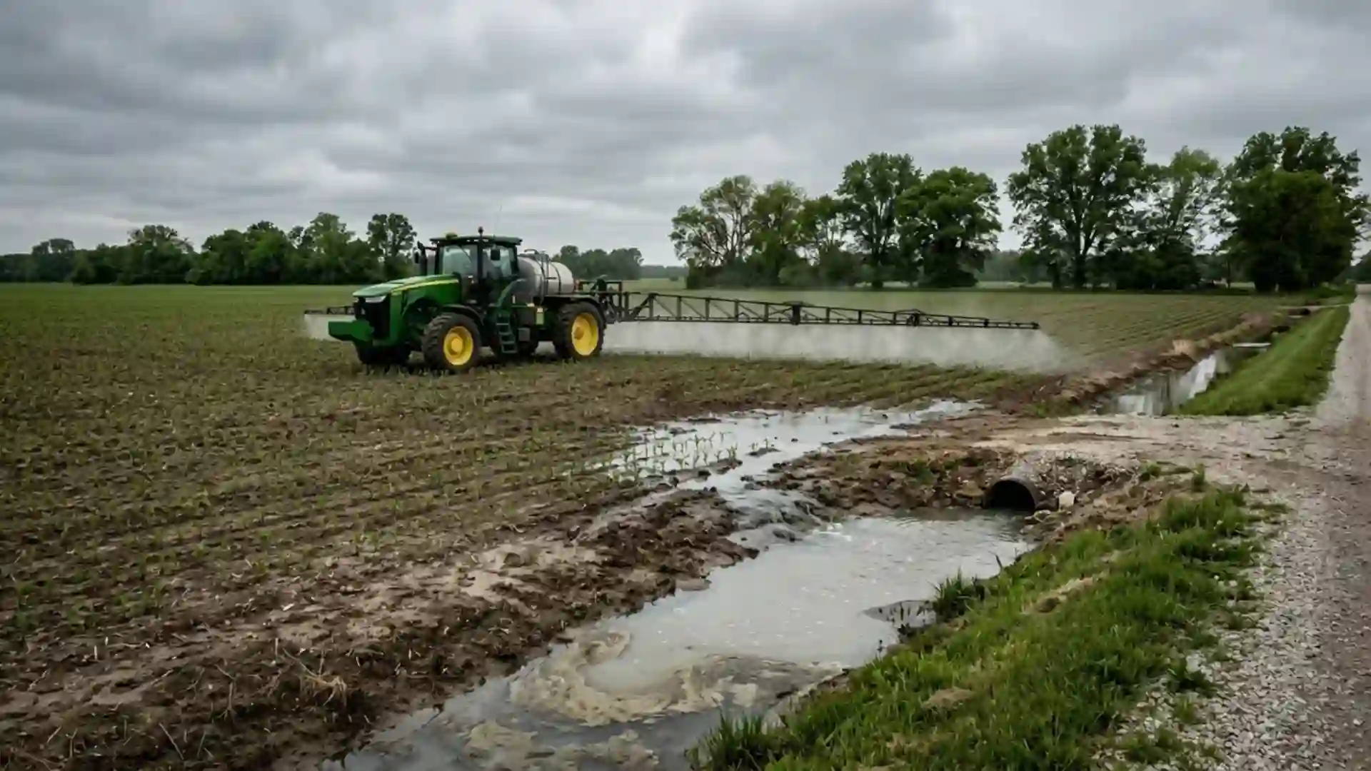 farm field with synthetic fertilizer application and visible runoff, illustrating key disadvantages