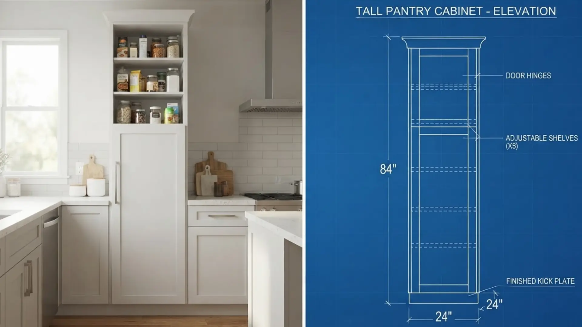 tall white pantry cabinet beside a blueprint showing height, width, and depth in inches