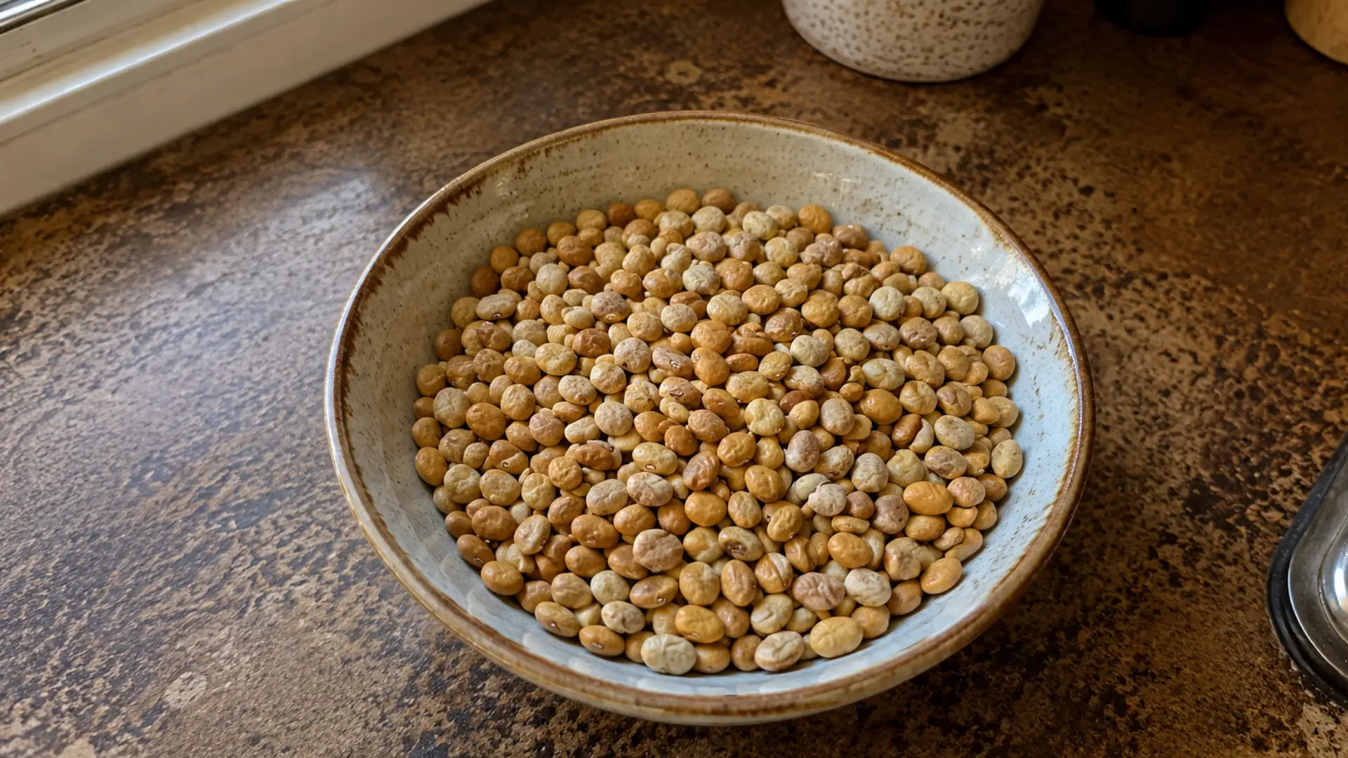 small dry tepary beans in a bowl kept on a wooden kitchen counter