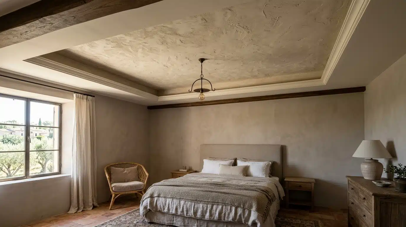 a bedroom with a large bed, wicker chair, wooden furniture, table lamp, and window overlooking trees