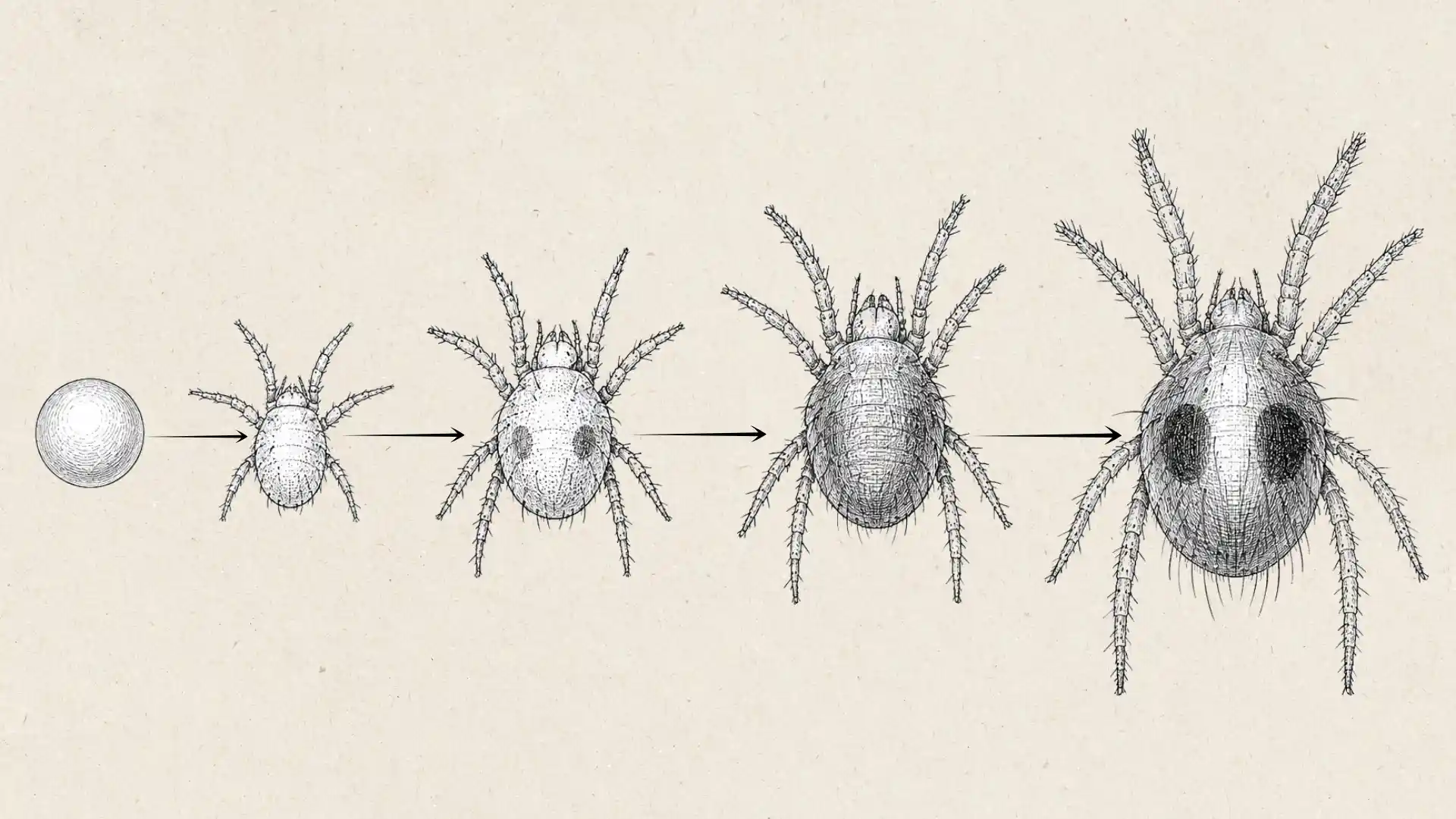 sketch style diagram of spider mite life cycle from egg to adult