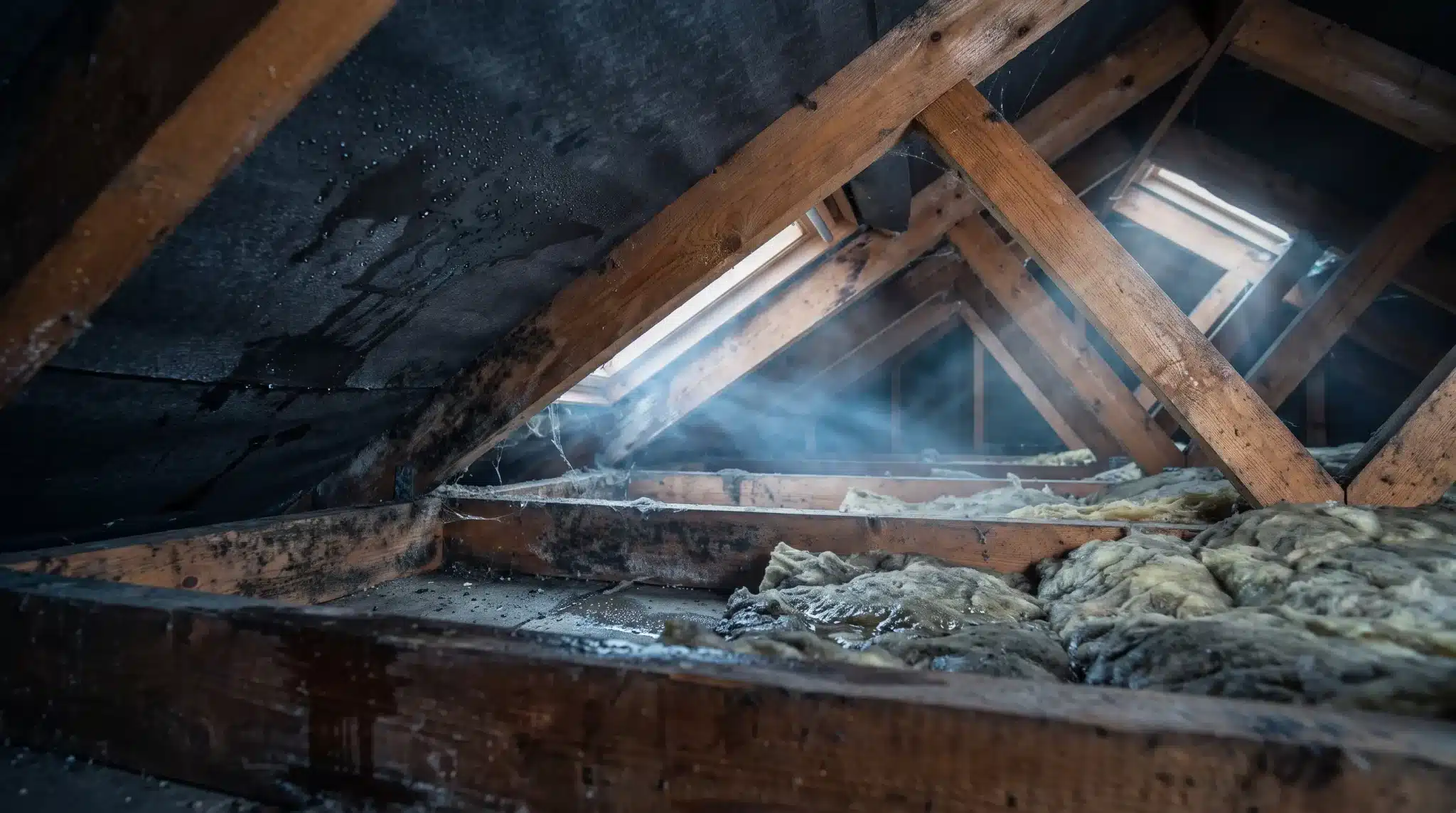Mold and moisture on wooden beams in an attic space with insulation.