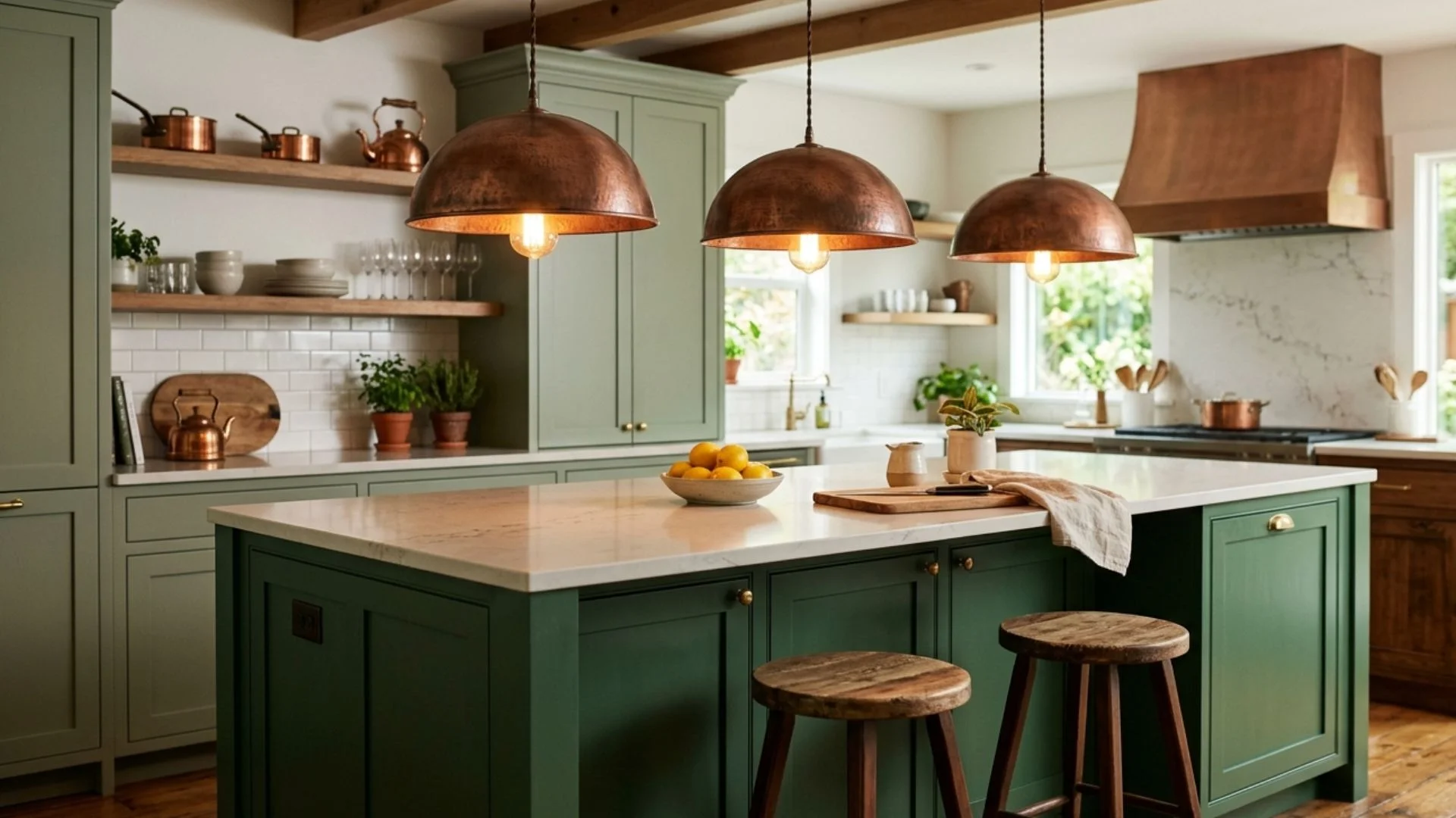 use copper pendants over a green island
