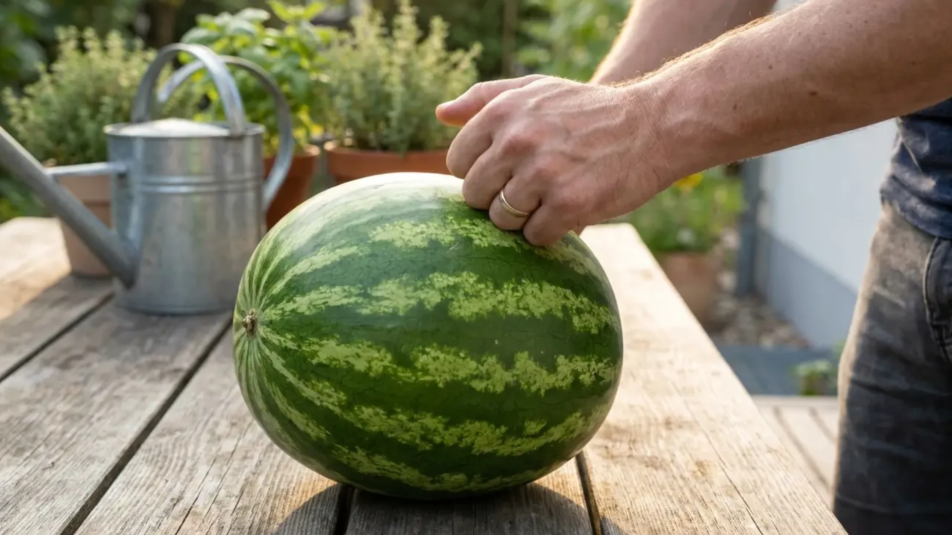hand knuckle knocking on a whole watermelon to check for ripeness