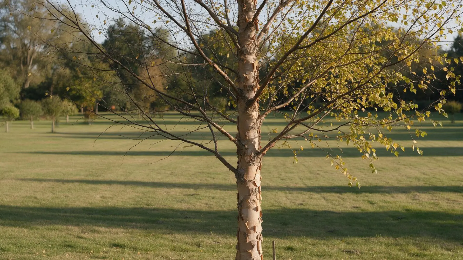 young slender birch tree with bare branches and scattered yellow leaves standing alone on a very open lawn