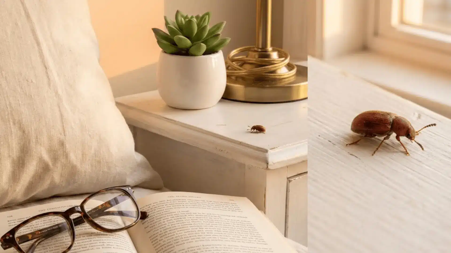 macro photo of tiny brown beetle on white bedroom nightstand with book and lamp cozy home interior scene