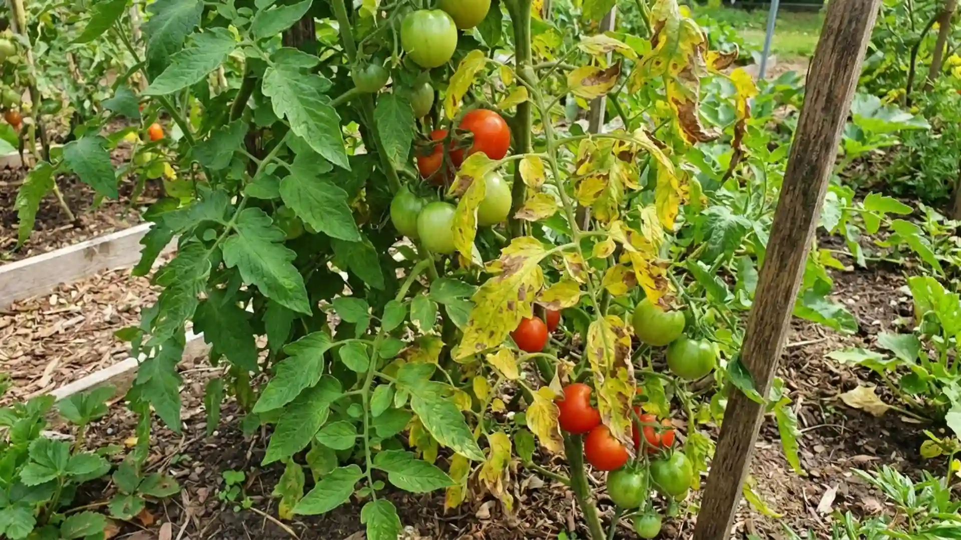 tomato plant showing yellowing and spotted leaves against healthy green foliage